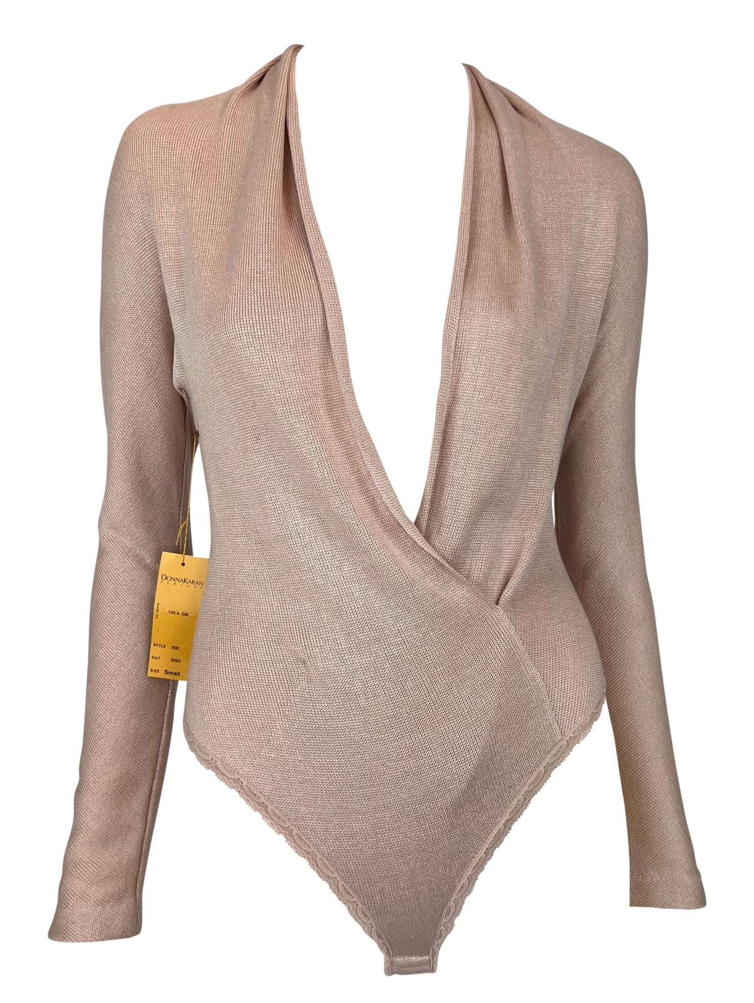 NWT Early 1990s Donna Karan Blush Pink Silk Plunging Wrap Bodysuit Top - RealList