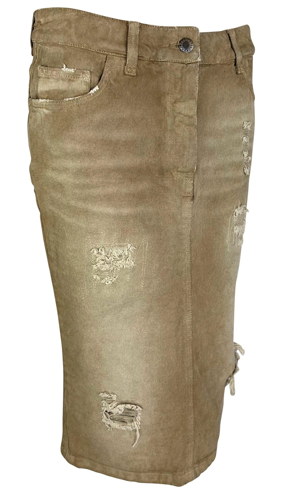 NWT Early 2000s Dolce & Gabbana Distressed Tan Denim Mid - Length Skirt - RealList