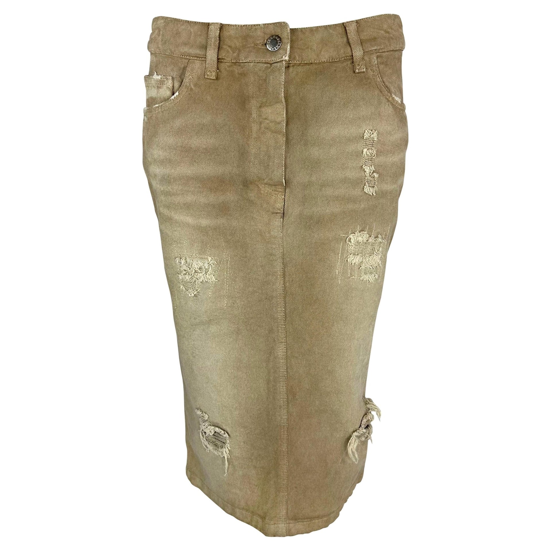 NWT Early 2000s Dolce & Gabbana Distressed Tan Denim Mid - Length Skirt - RealList