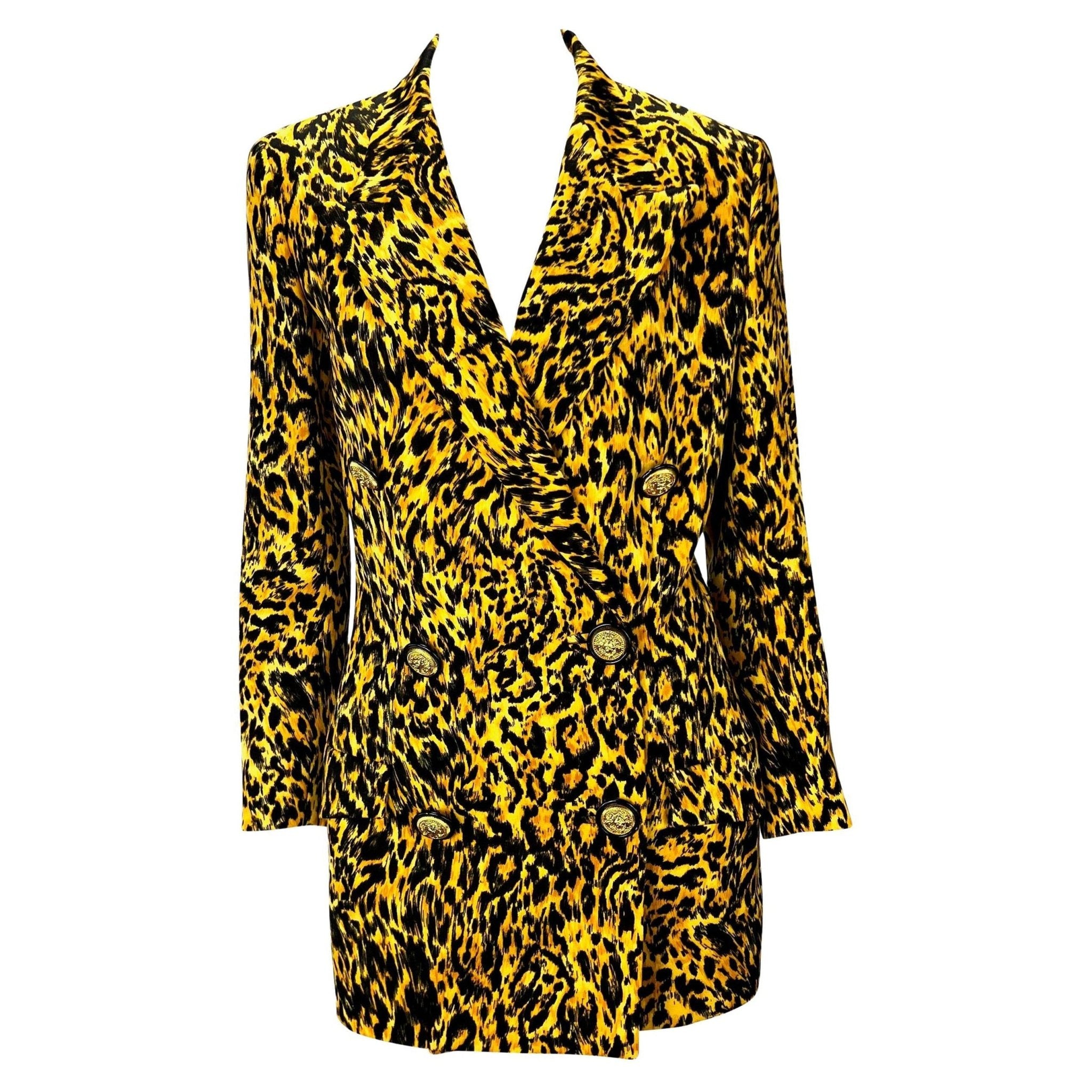 NWT F/W 1992 Gianni Versace Couture Leopard Print Wool Double Breasted Blazer - RealList