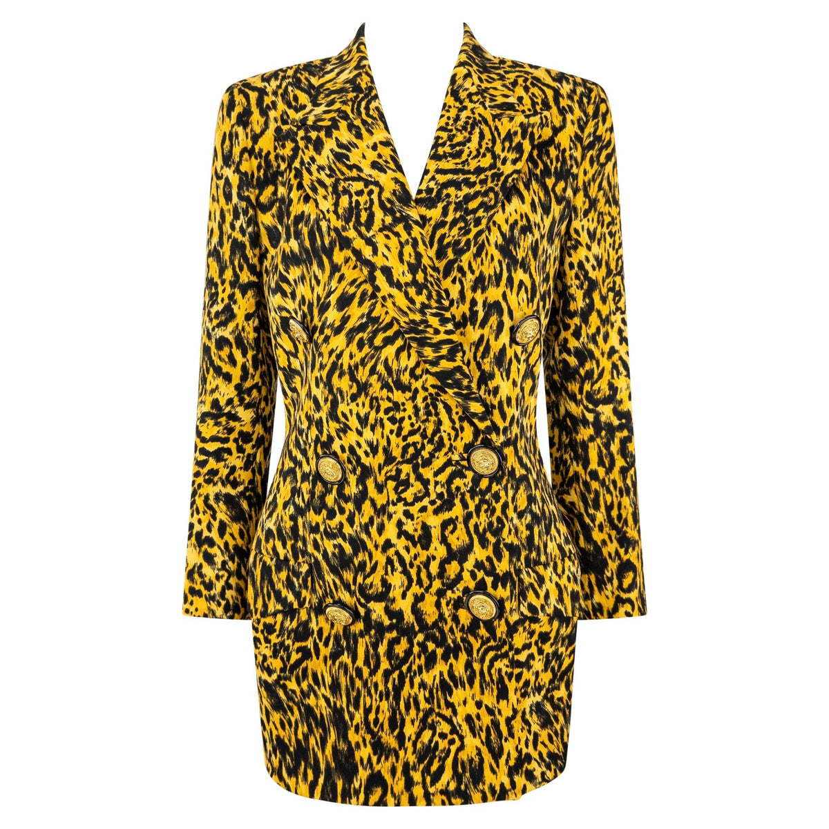 NWT F/W 1992 Gianni Versace Yellow Leopard Print Wool Double Breasted Blazer - RealList