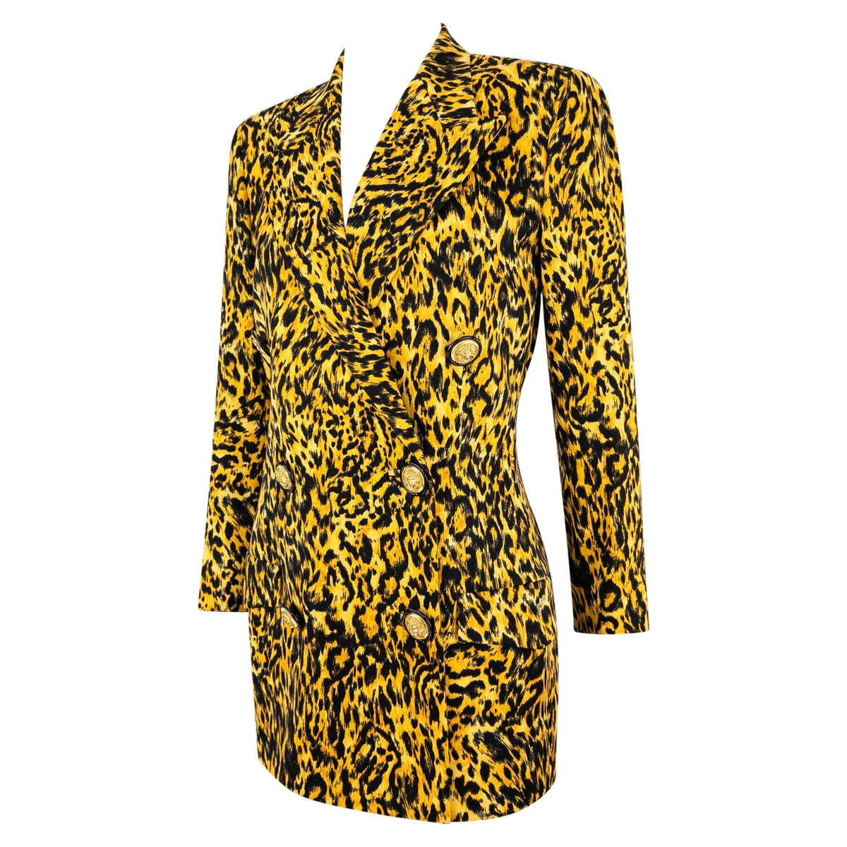 NWT F/W 1992 Gianni Versace Yellow Leopard Print Wool Double Breasted Blazer - RealList