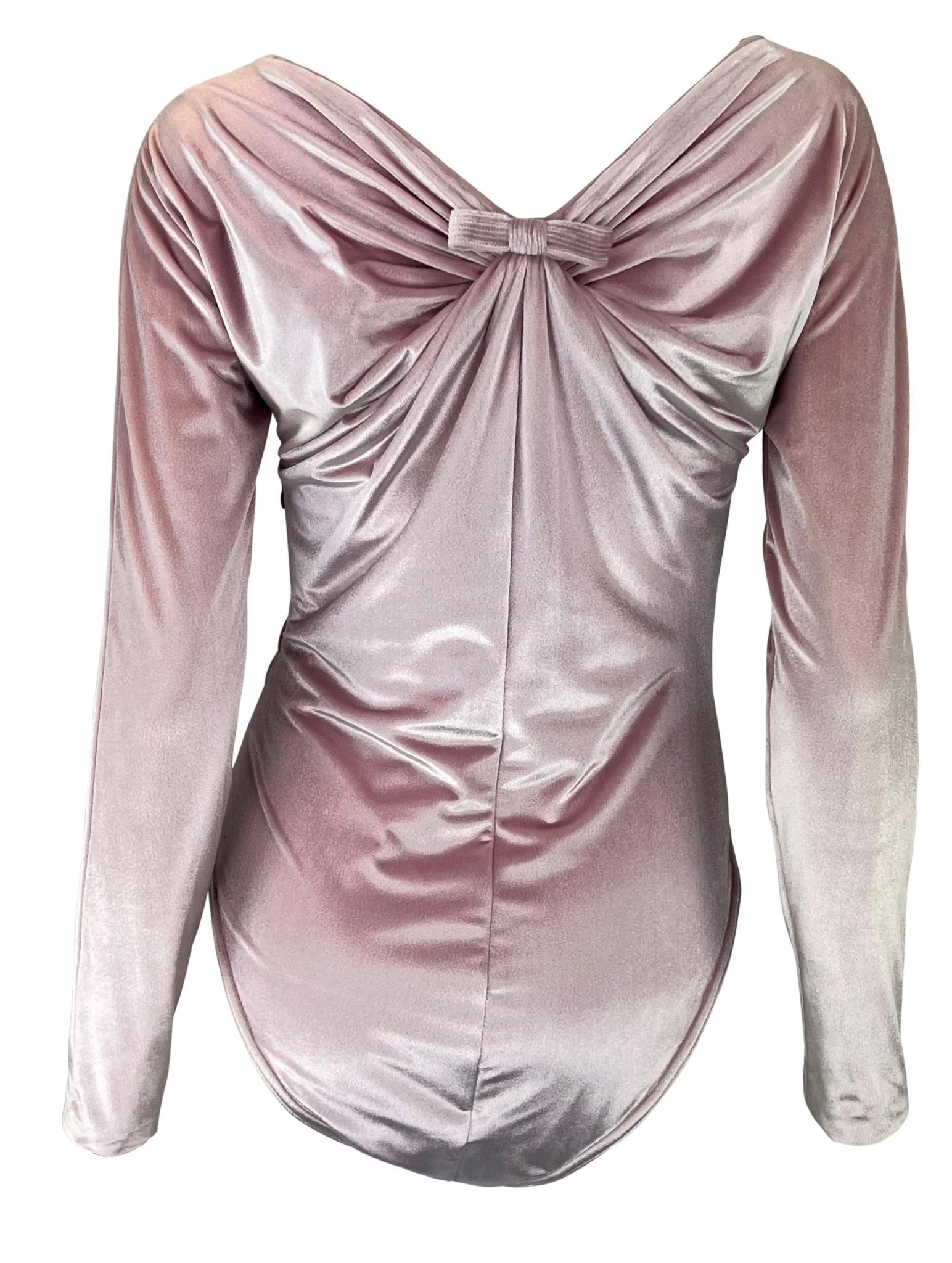 NWT F/W 1995 Gianni Versace Ruched Pink Velvet Bow Bodysuit Skirt Set - RealList