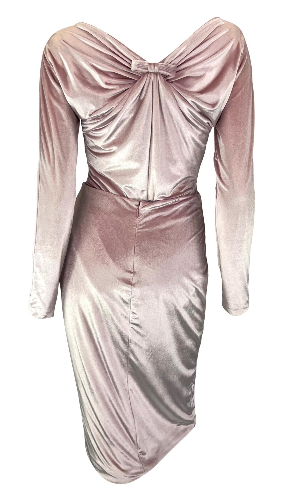 NWT F/W 1995 Gianni Versace Ruched Pink Velvet Bow Bodysuit Skirt Set - RealList