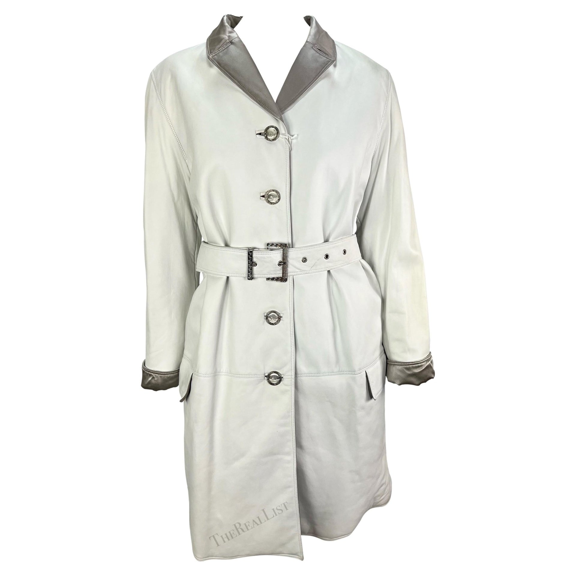NWT F/W 1995 Gianni Versace Runway White Leather Silver Satin Medusa Car Coat - RealList