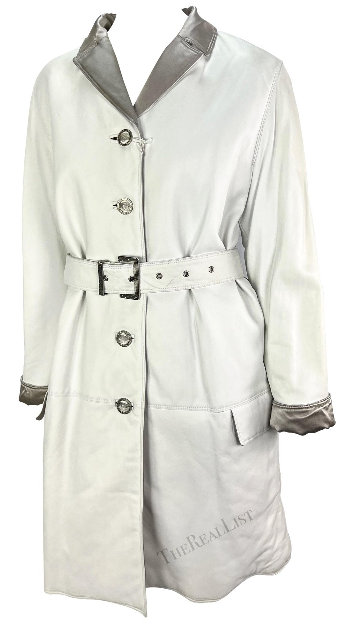 NWT F/W 1995 Gianni Versace Runway White Leather Silver Satin Medusa Car Coat - RealList
