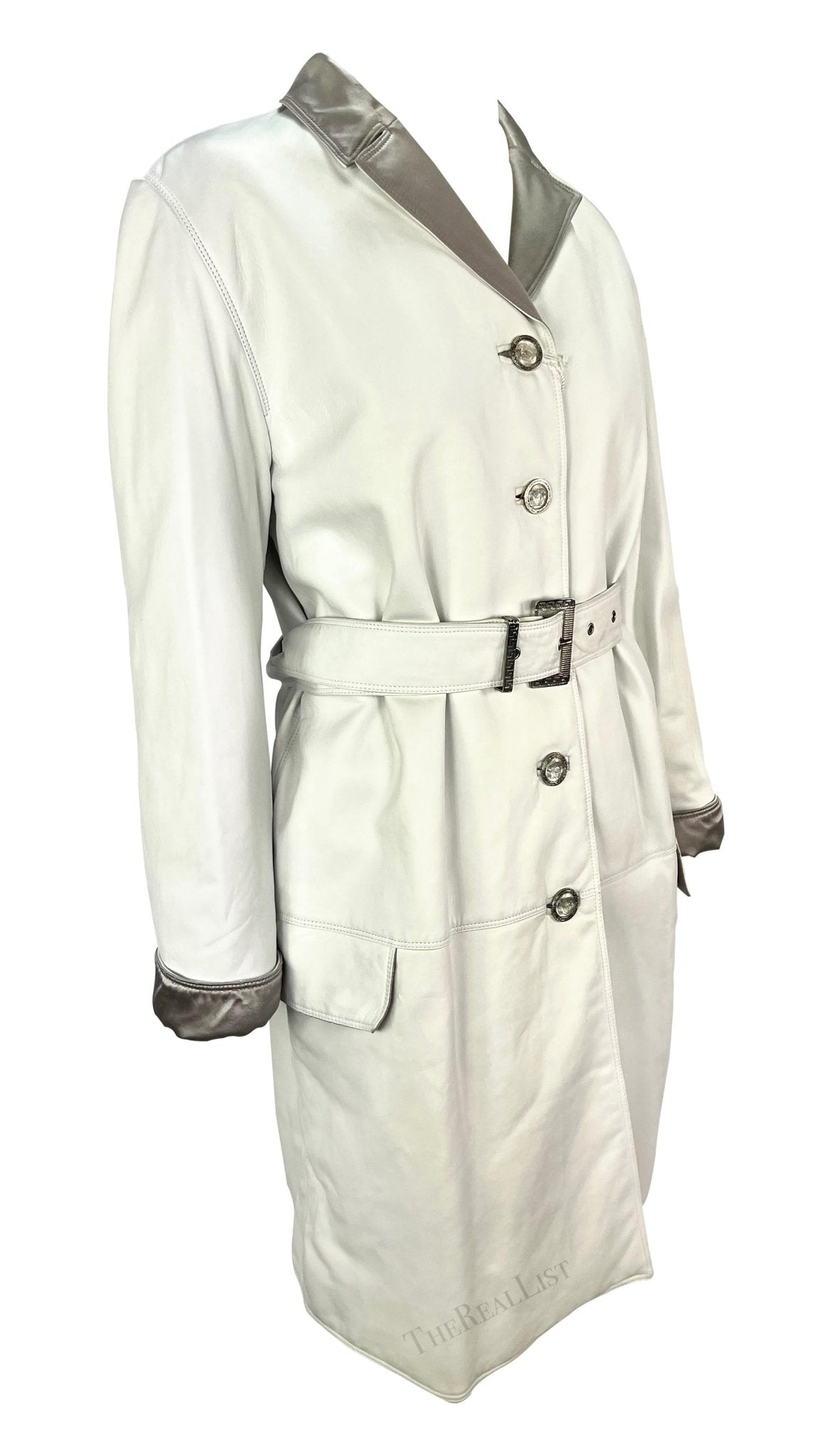 NWT F/W 1995 Gianni Versace Runway White Leather Silver Satin Medusa Car Coat - RealList