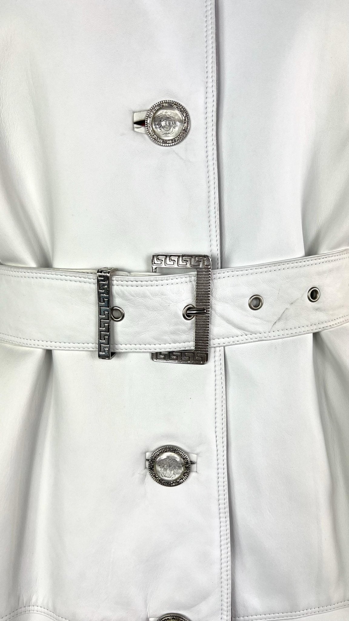 NWT F/W 1995 Gianni Versace Runway White Leather Silver Satin Medusa Car Coat - RealList
