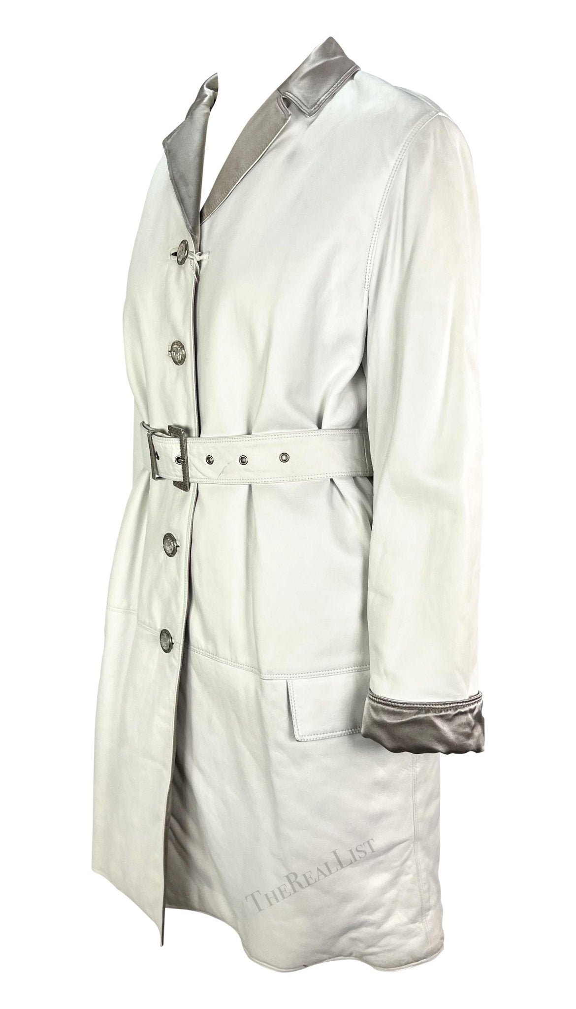 NWT F/W 1995 Gianni Versace Runway White Leather Silver Satin Medusa Car Coat - RealList