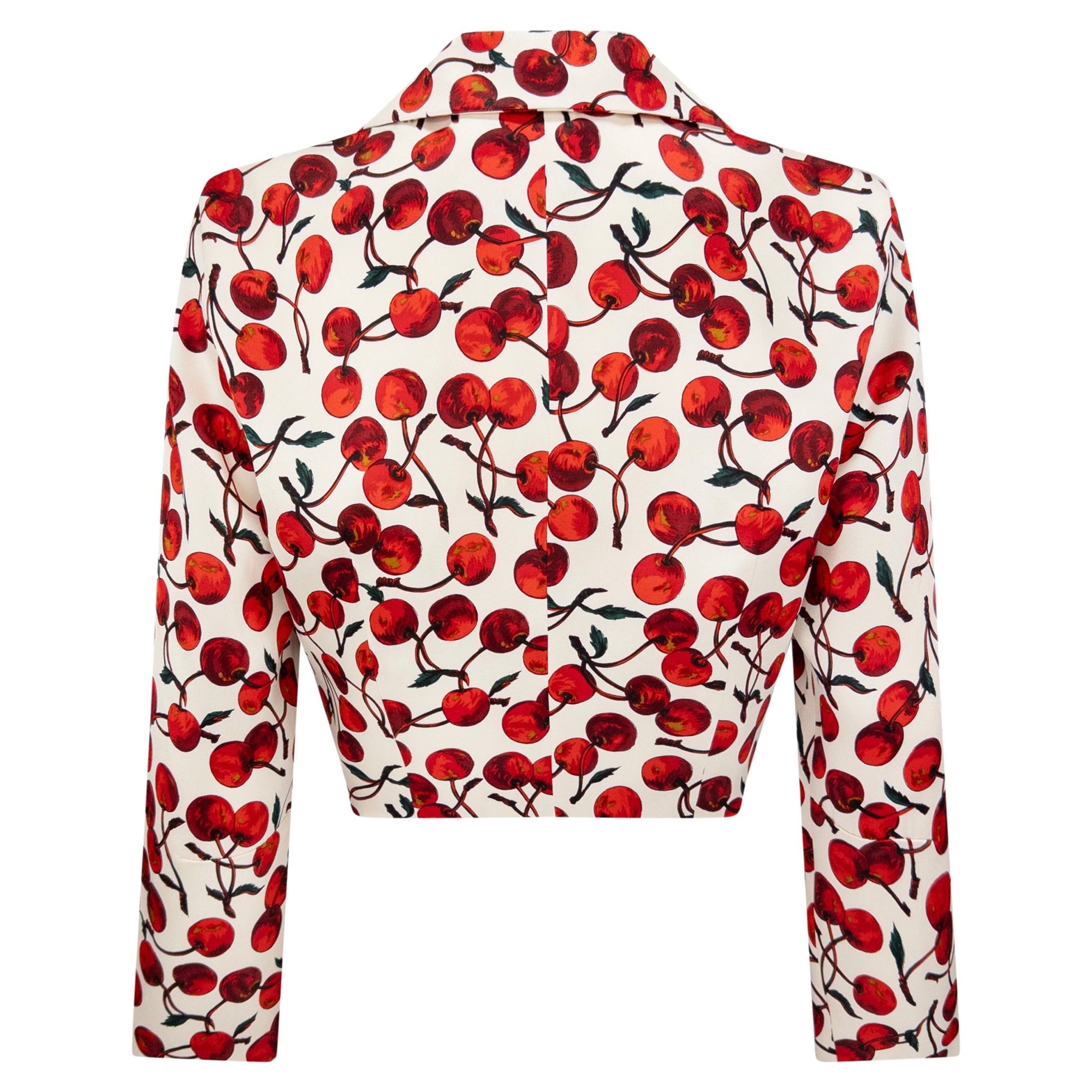 NWT F/W 1996 Dolce & Gabbana White Satin Cherry Print Tie Front Cropped Jacket - RealList