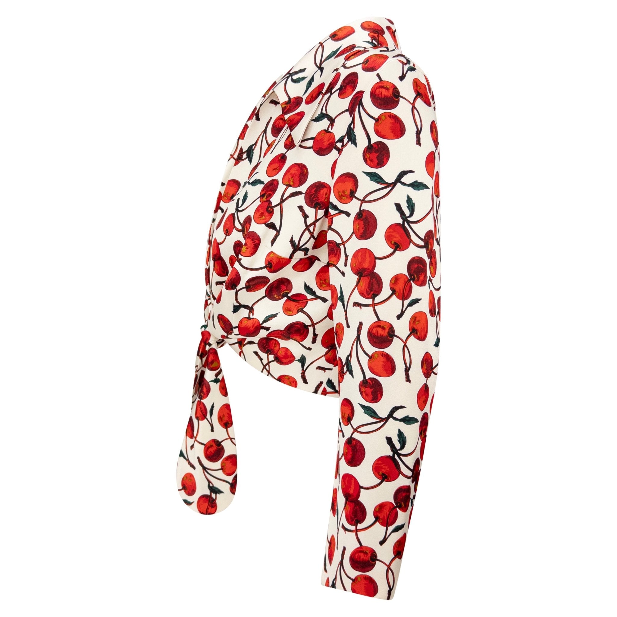 NWT F/W 1996 Dolce & Gabbana White Satin Cherry Print Tie Front Cropped Jacket - RealList