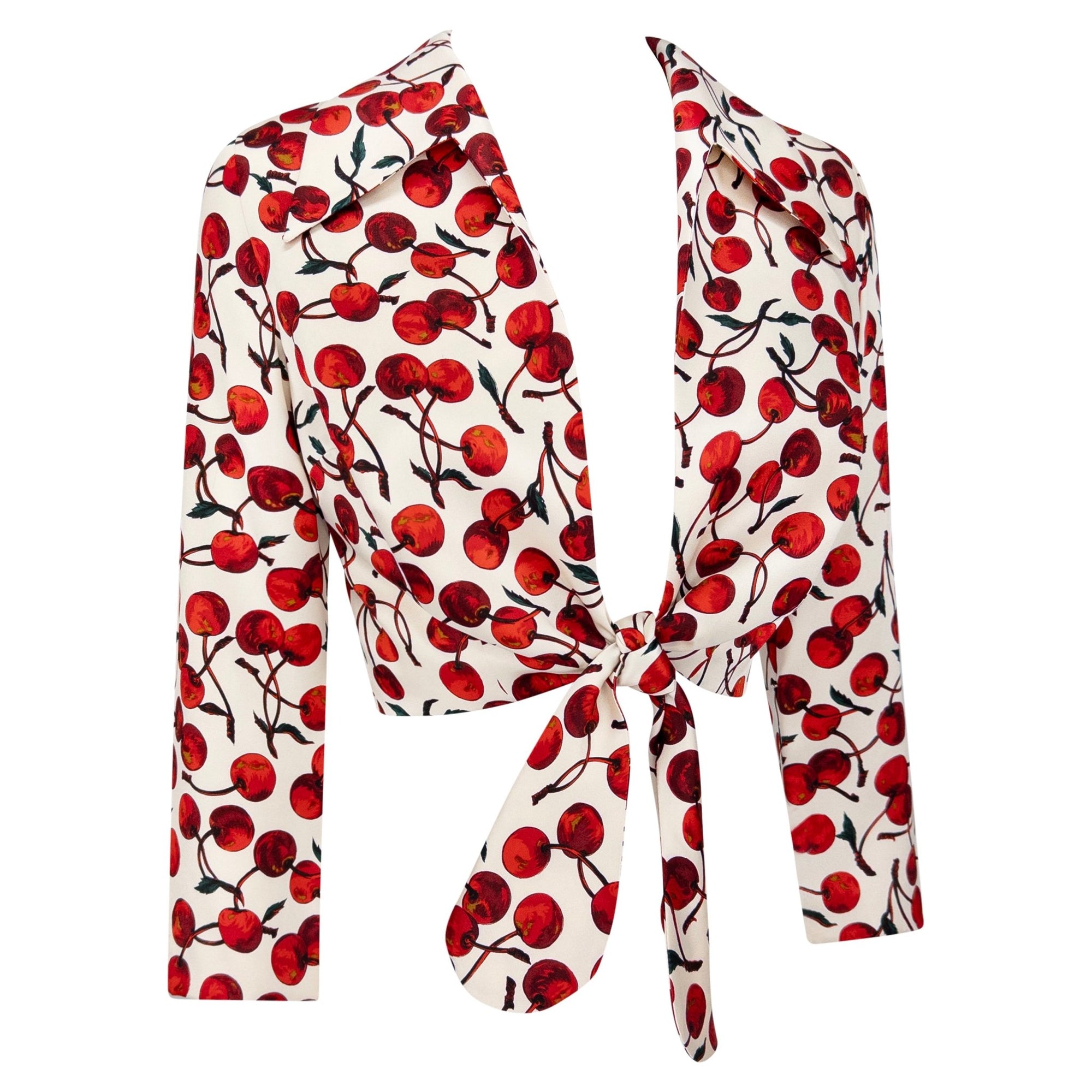 NWT F/W 1996 Dolce & Gabbana White Satin Cherry Print Tie Front Cropped Jacket - RealList