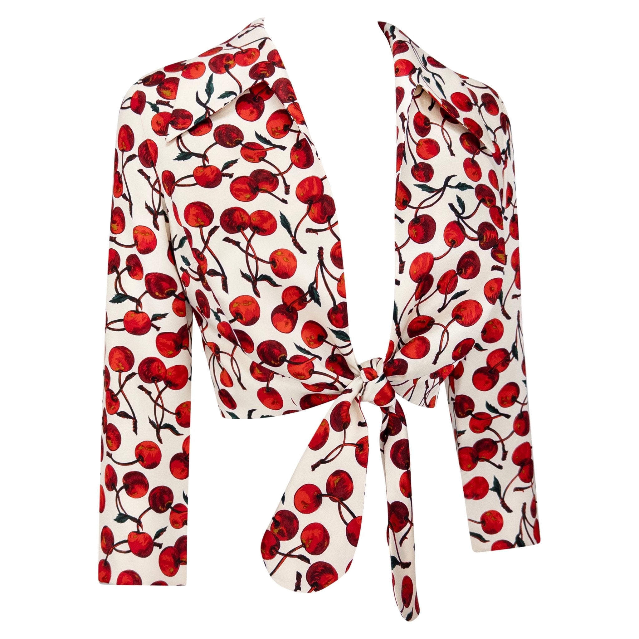 NWT F/W 1996 Dolce & Gabbana White Satin Cherry Print Tie Front Cropped Jacket - RealList