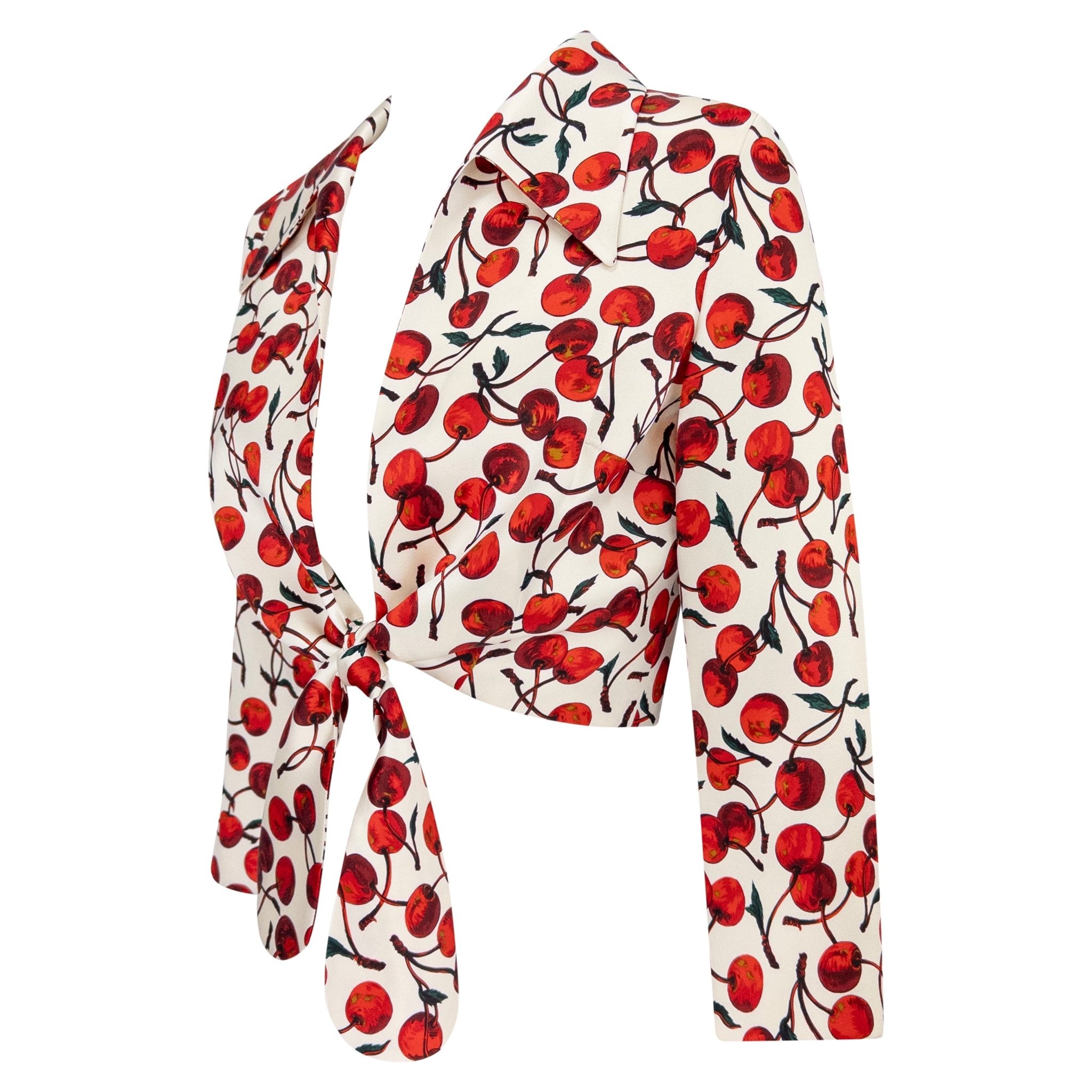 NWT F/W 1996 Dolce & Gabbana White Satin Cherry Print Tie Front Cropped Jacket - RealList