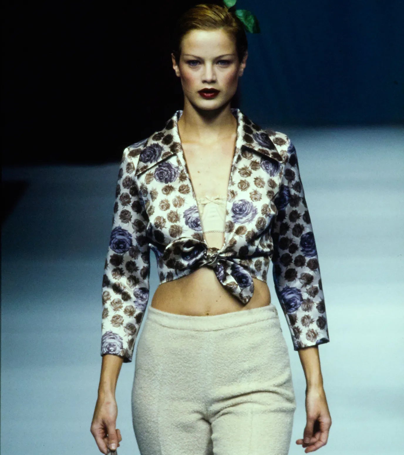 NWT F/W 1996 Dolce & Gabbana White Satin Cherry Print Tie Front Cropped Jacket - RealList