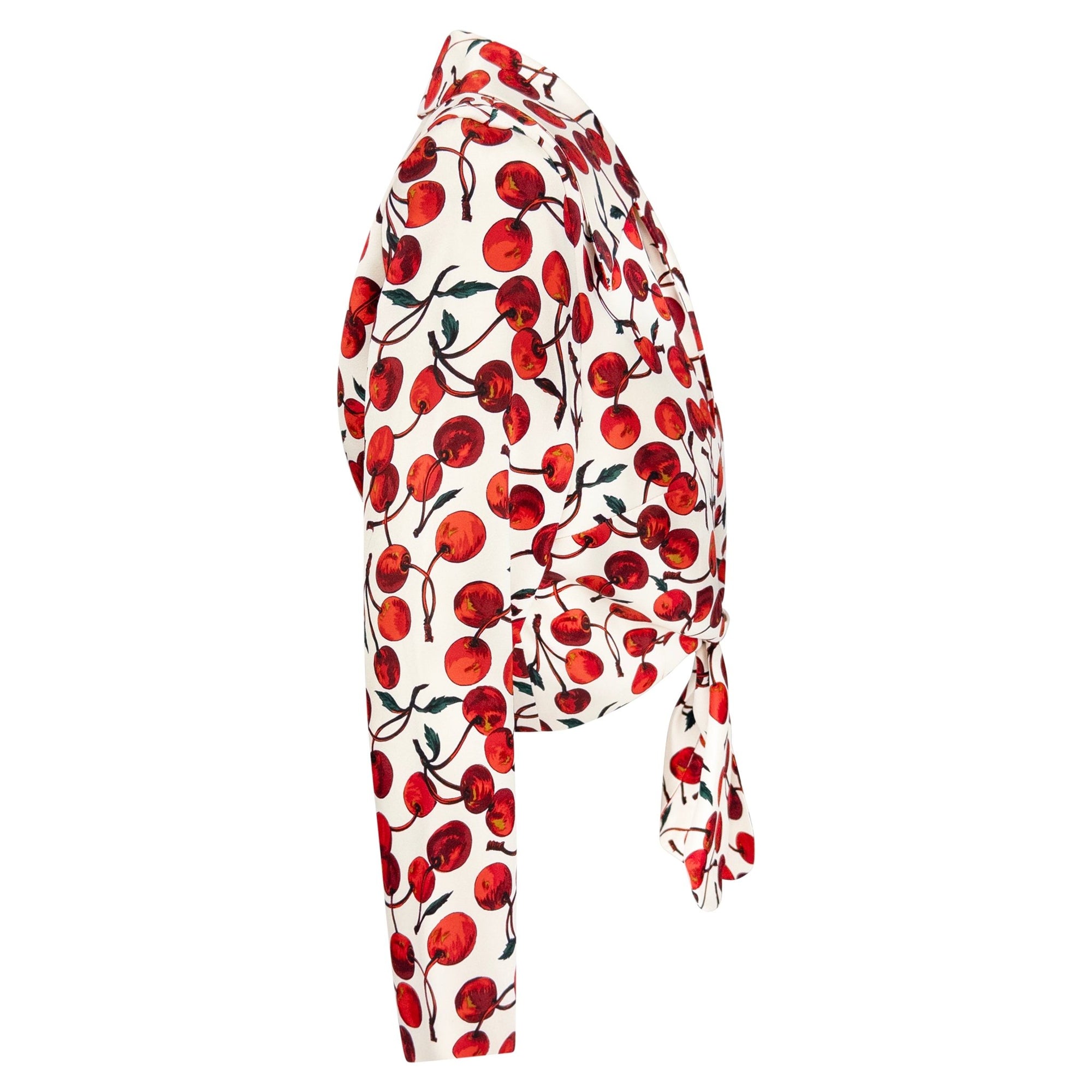 NWT F/W 1996 Dolce & Gabbana White Satin Cherry Print Tie Front Cropped Jacket - RealList
