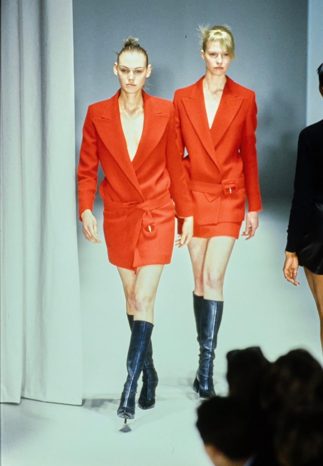 NWT F/W 1997 Gianni Versace Final Runway Red Wool Belted Skirt Suit New - RealList