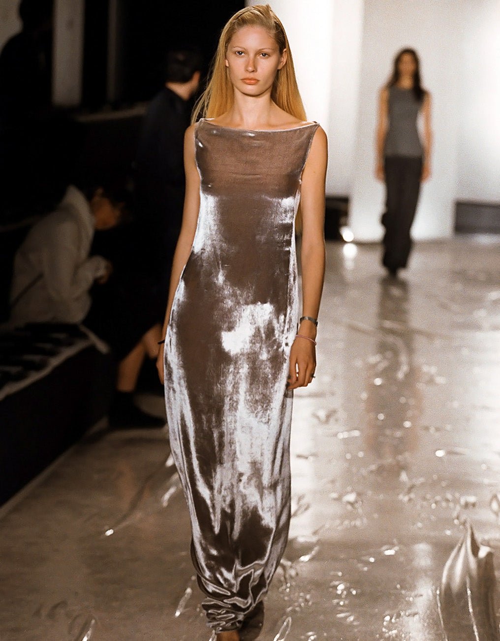 NWT F/W 1998 Donna Karan Runway Silver Velvet Bodycon Sleeveless Gown - RealList