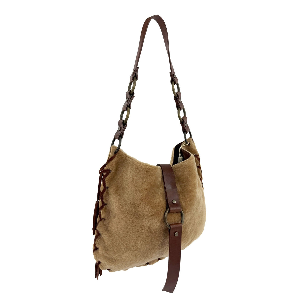NWT F/W 2002 Dolce & Gabbana Tan Shearling Fur Whipstitch Shoulder Bag - RealList
