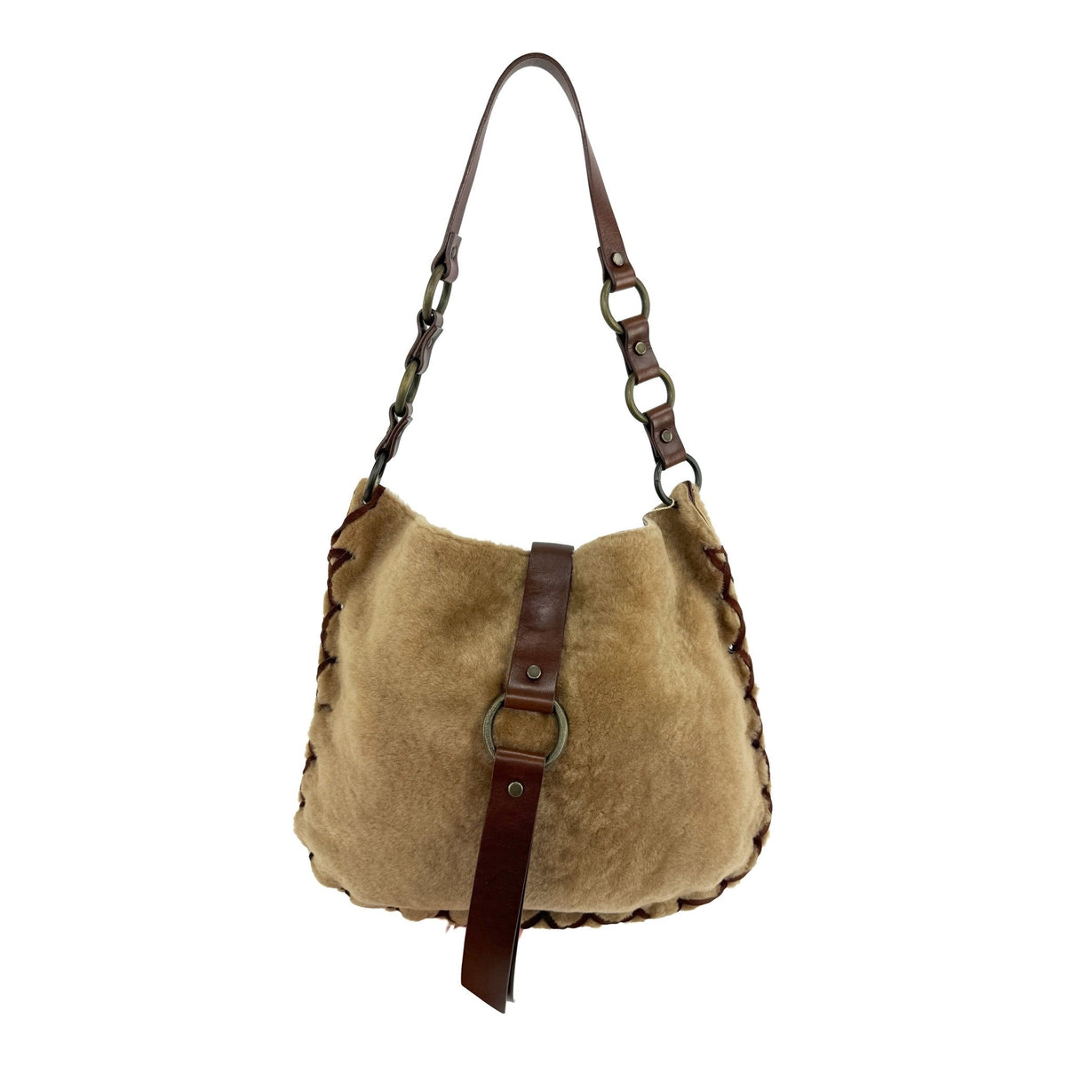 NWT F/W 2002 Dolce & Gabbana Tan Shearling Fur Whipstitch Shoulder Bag - RealList