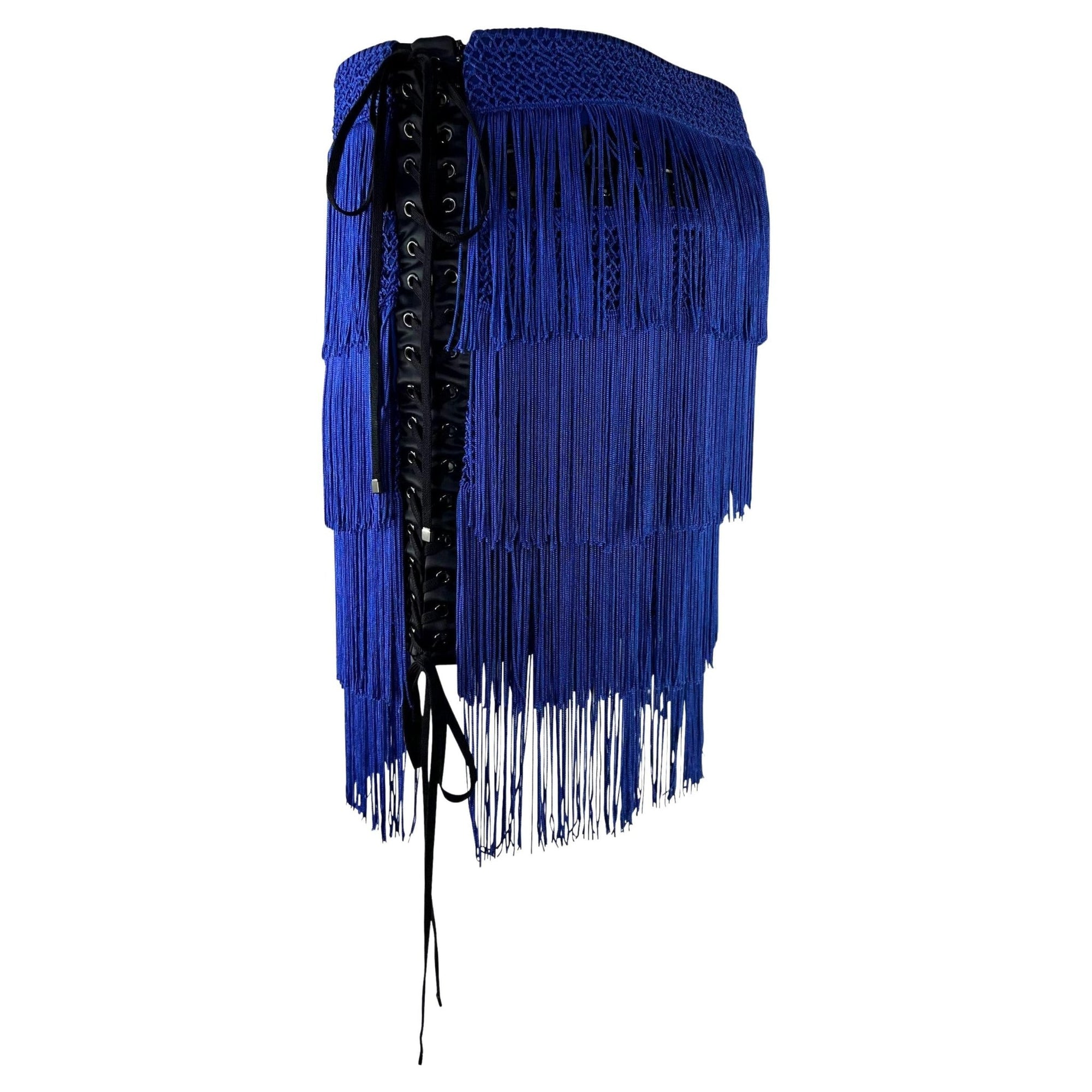 NWT F/W 2003 Dolce & Gabbana Runway Blue Fringe Lace - Up Corset Mini Skirt - RealList