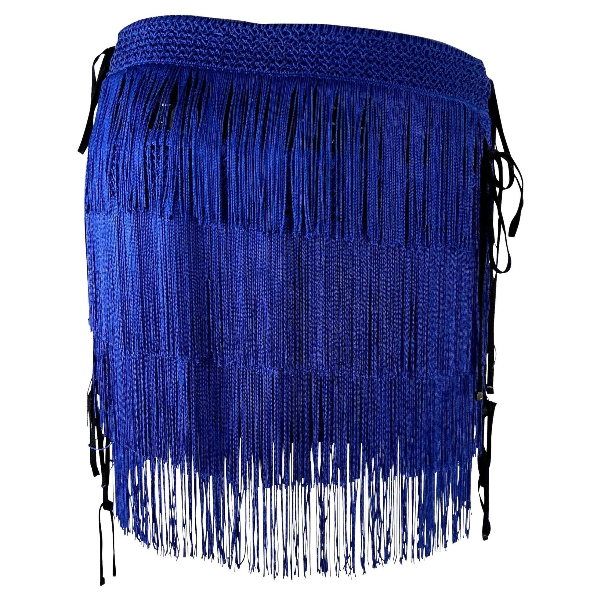 NWT F/W 2003 Dolce & Gabbana Runway Blue Fringe Lace - Up Corset Mini Skirt - RealList