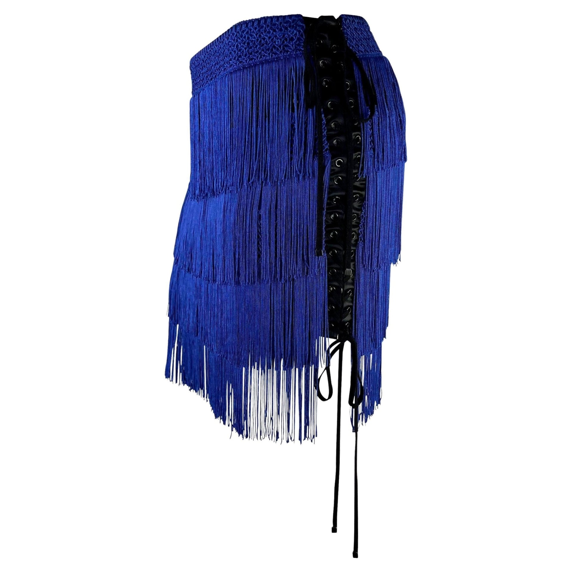 NWT F/W 2003 Dolce & Gabbana Runway Blue Fringe Lace - Up Corset Mini Skirt - RealList