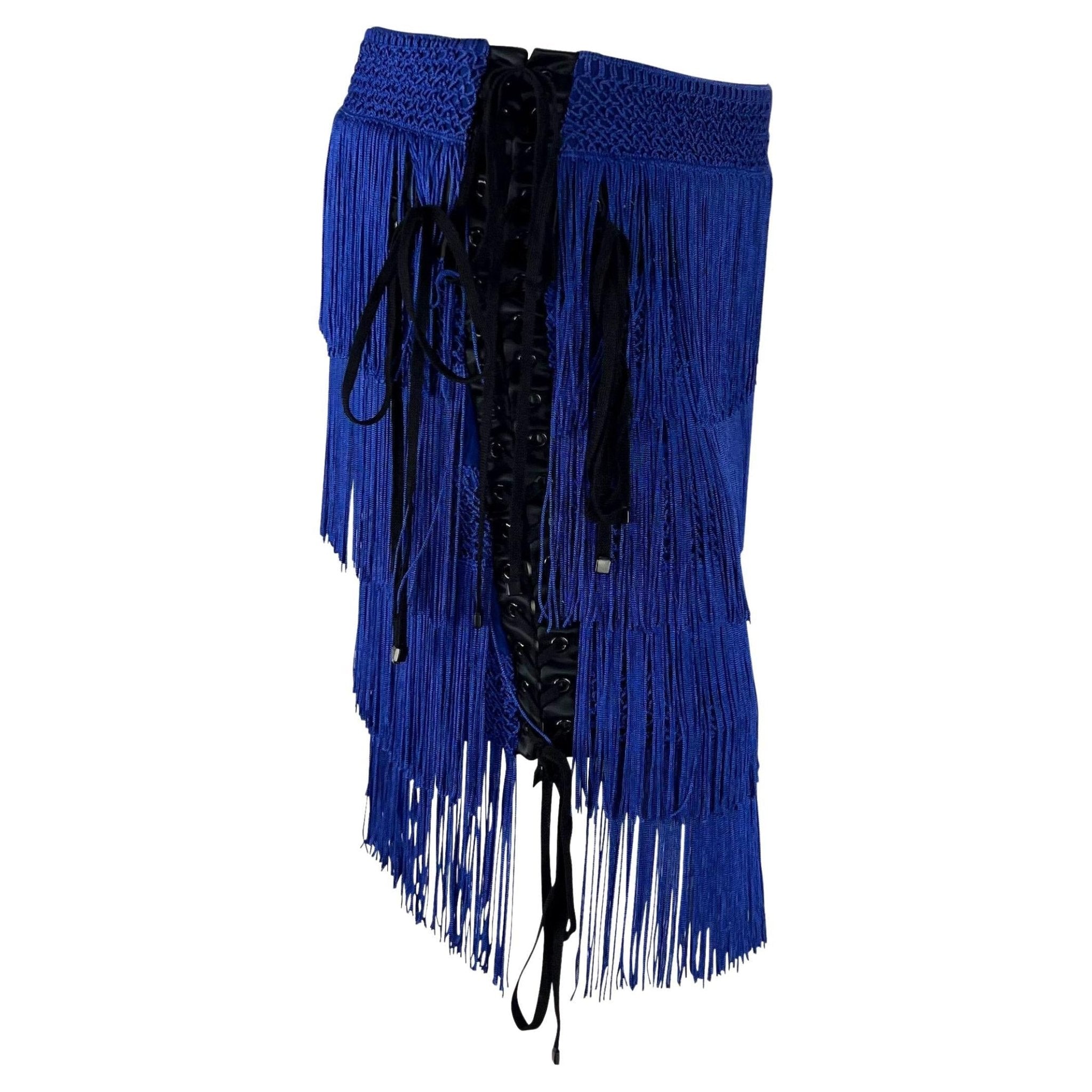 NWT F/W 2003 Dolce & Gabbana Runway Blue Fringe Lace - Up Corset Mini Skirt - RealList