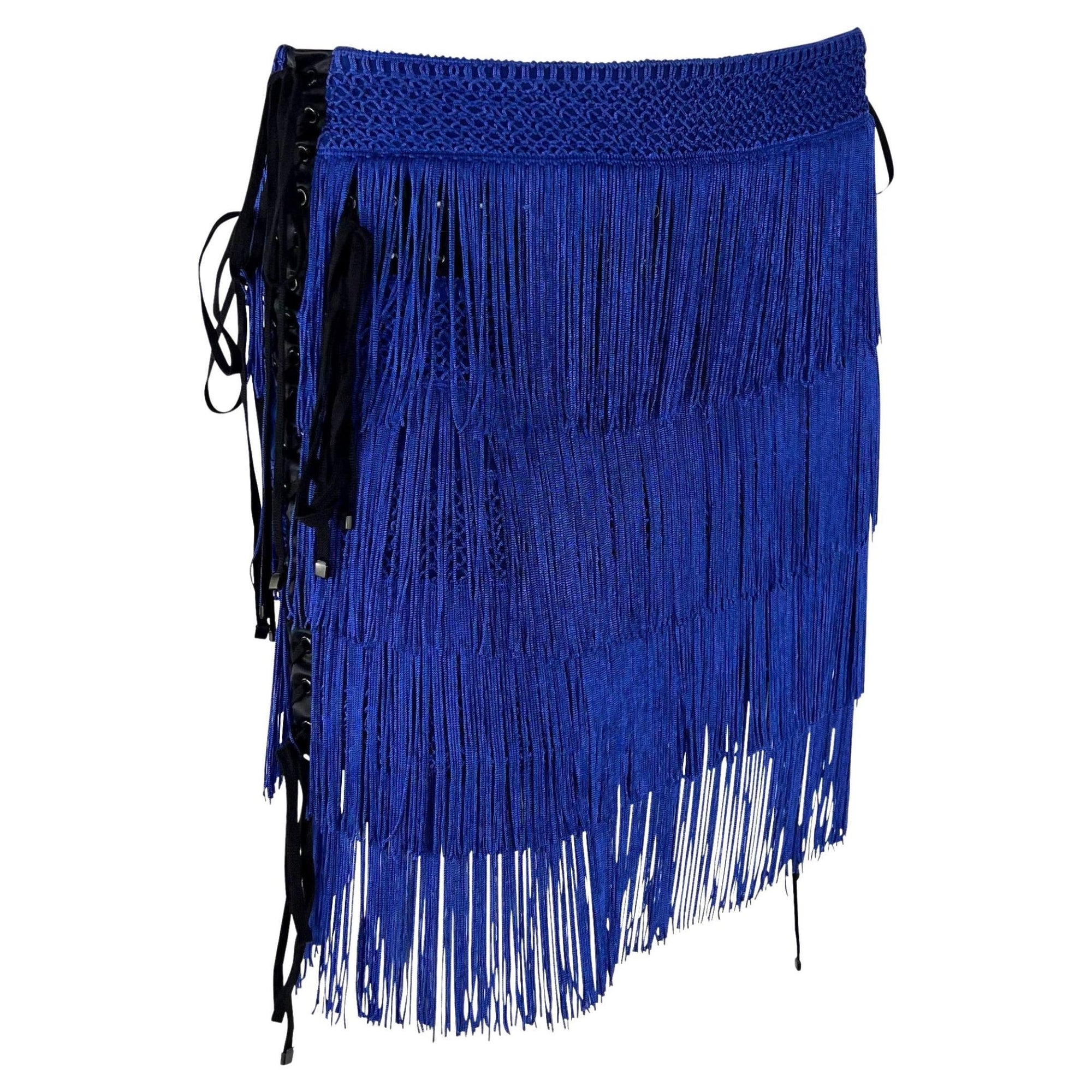NWT F/W 2003 Dolce & Gabbana Runway Blue Fringe Lace - Up Corset Mini Skirt - RealList