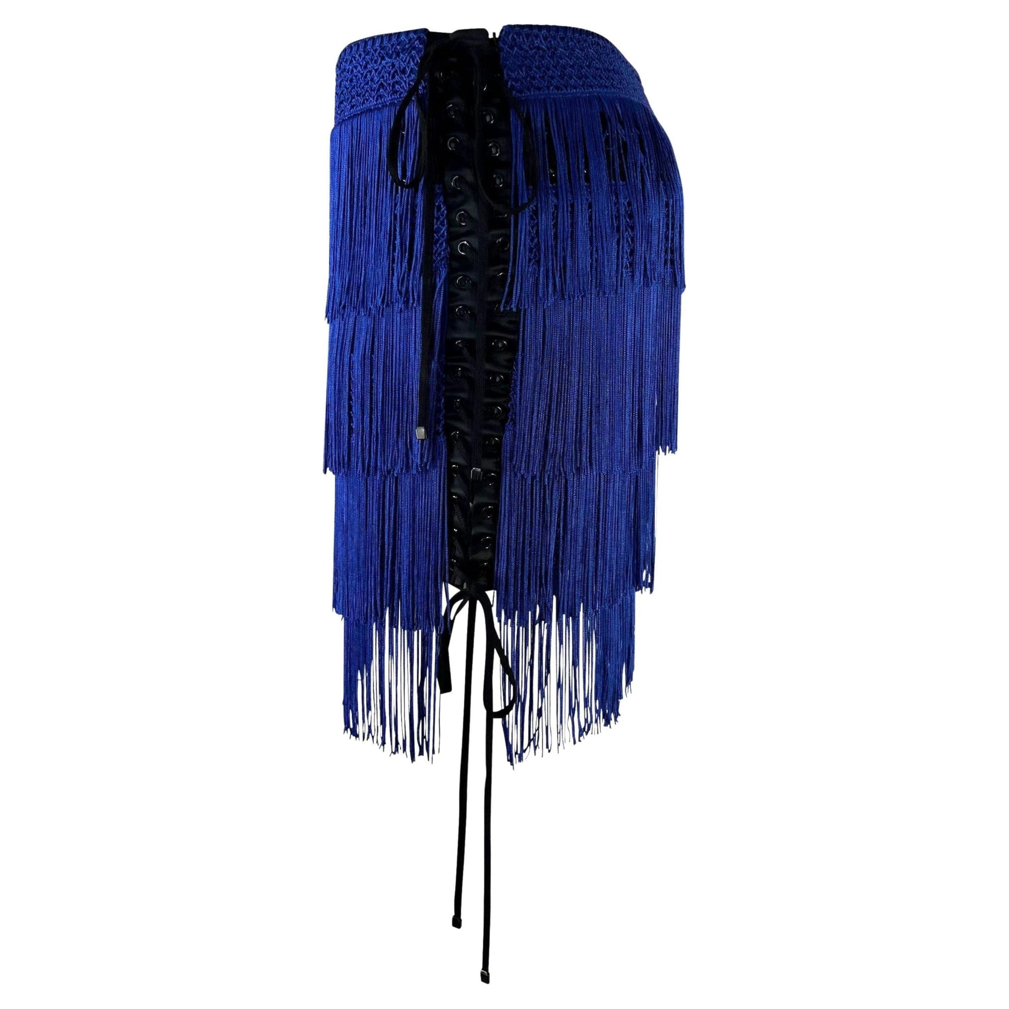 NWT F/W 2003 Dolce & Gabbana Runway Blue Fringe Lace - Up Corset Mini Skirt - RealList
