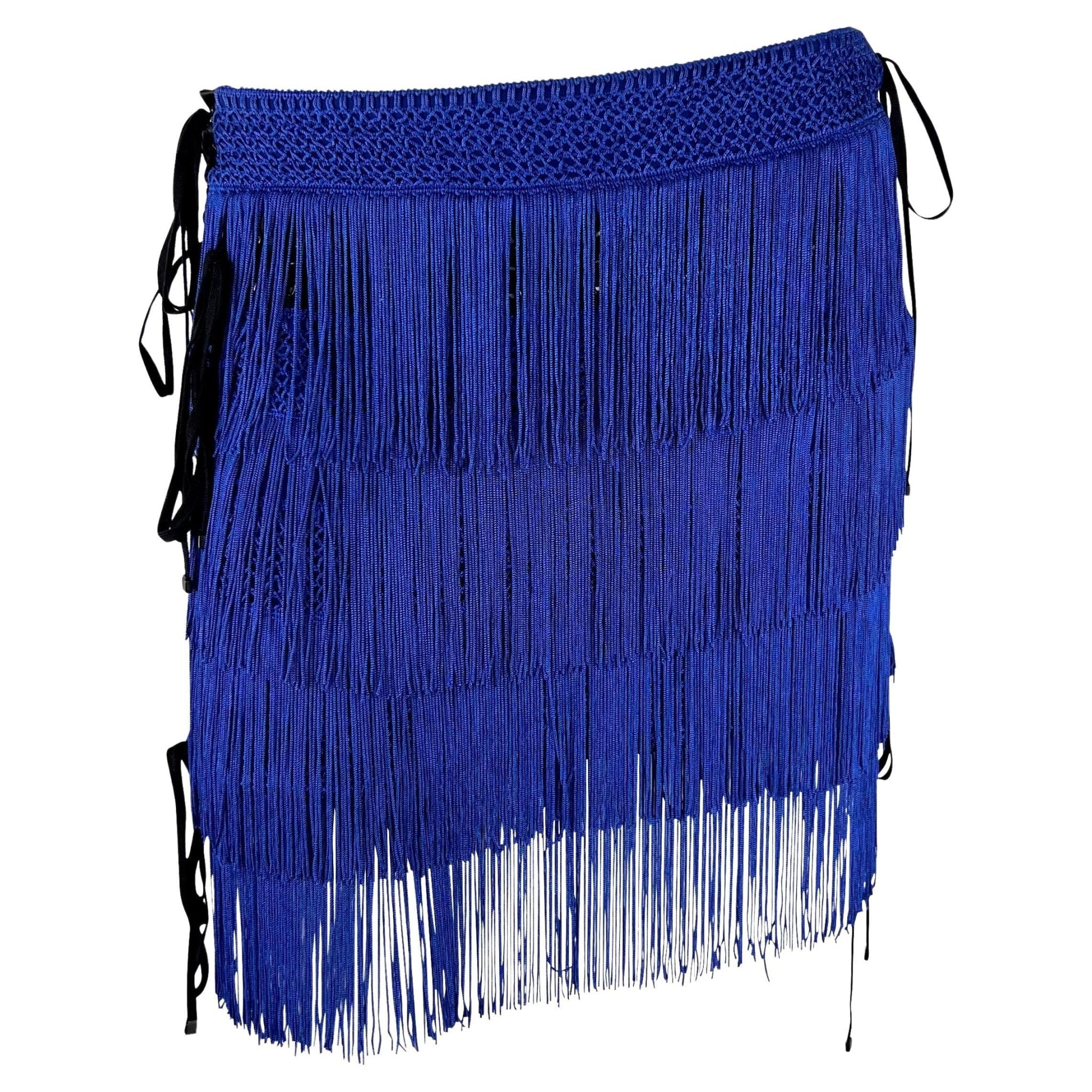 NWT F/W 2003 Dolce & Gabbana Runway Blue Fringe Lace - Up Corset Mini Skirt - RealList