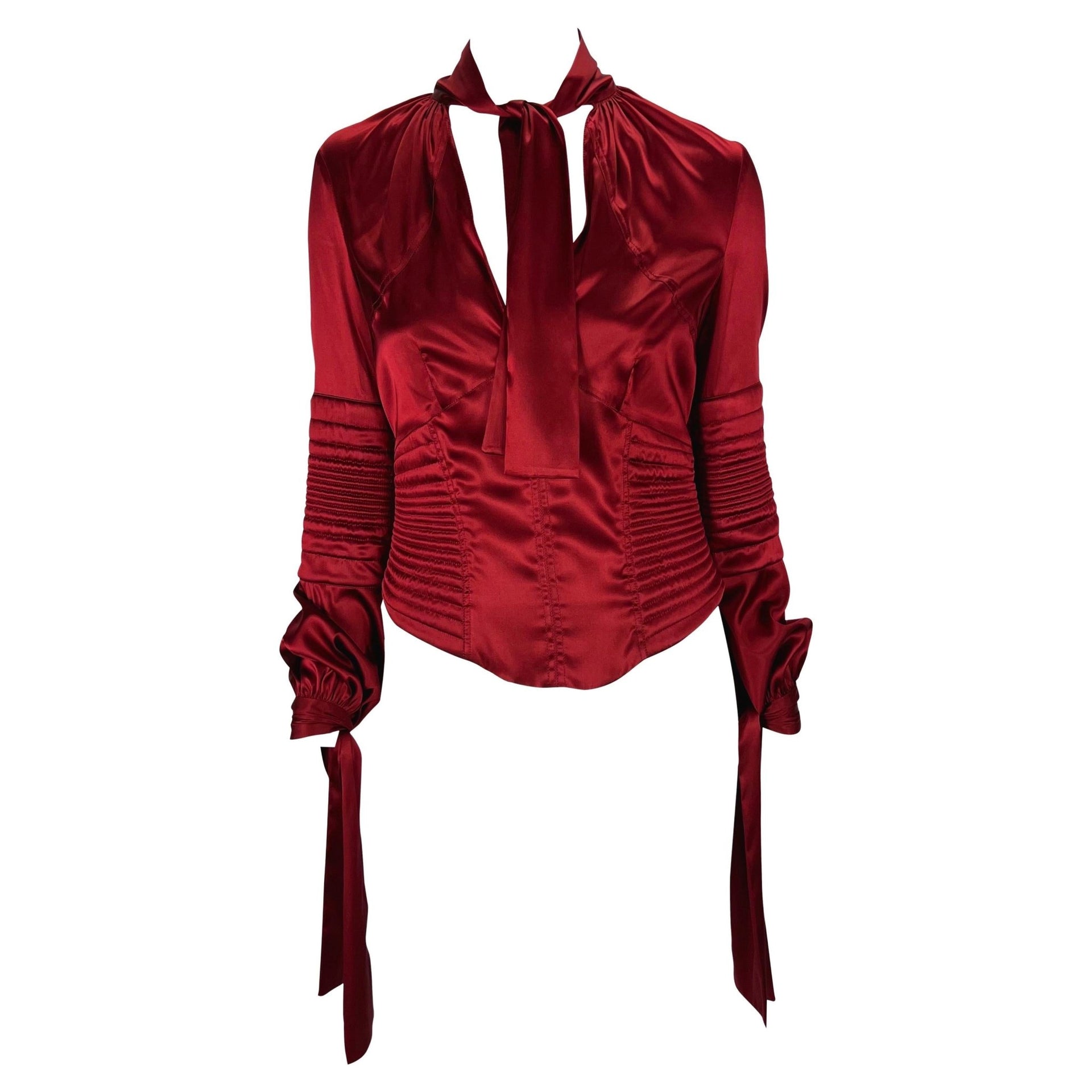 NWT F/W 2003 Gucci by Tom Ford Deep Red Stretch Satin Quilted Corset Tie Blouse - RealList