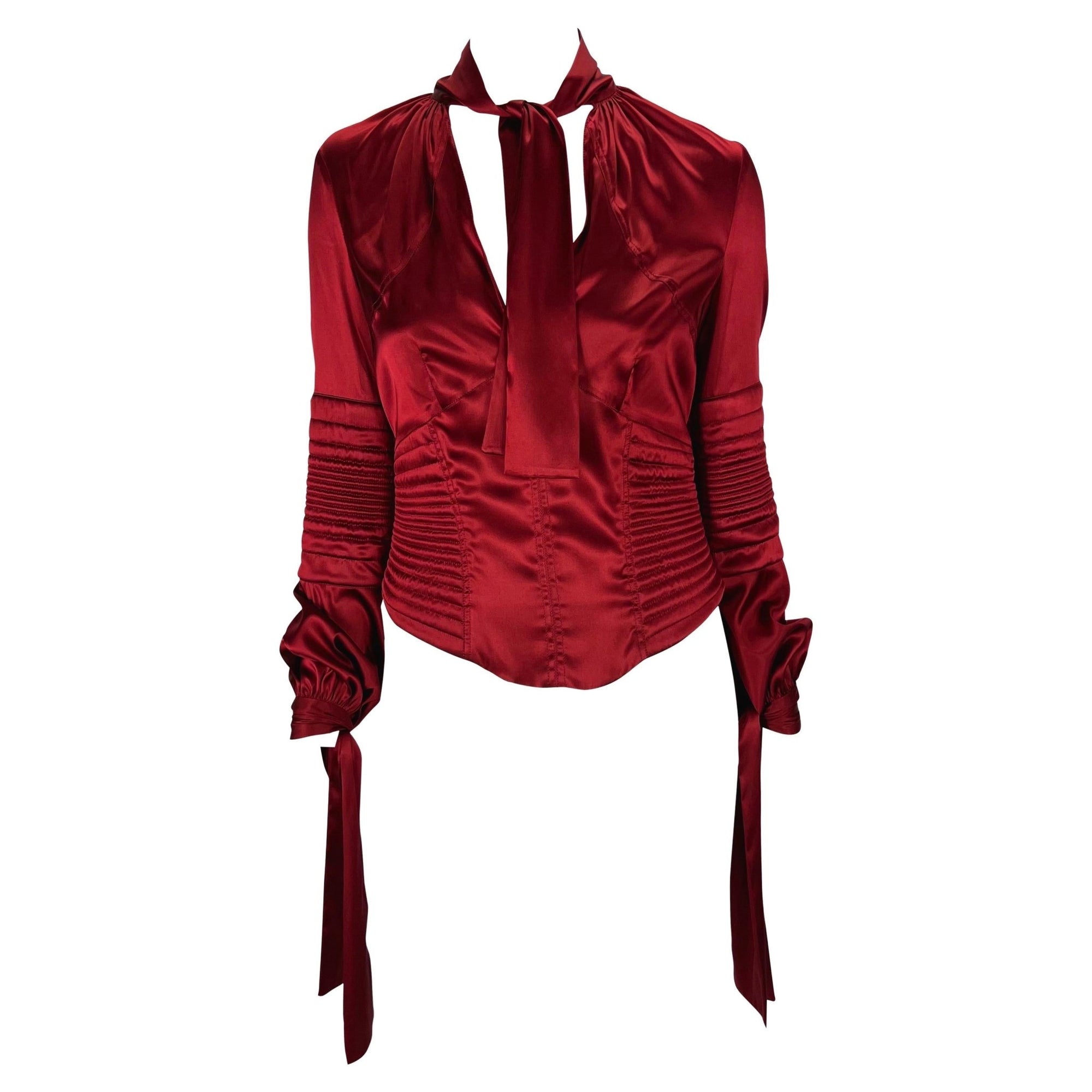 NWT F/W 2003 Gucci by Tom Ford Deep Red Stretch Satin Quilted Corset Tie Blouse - RealList