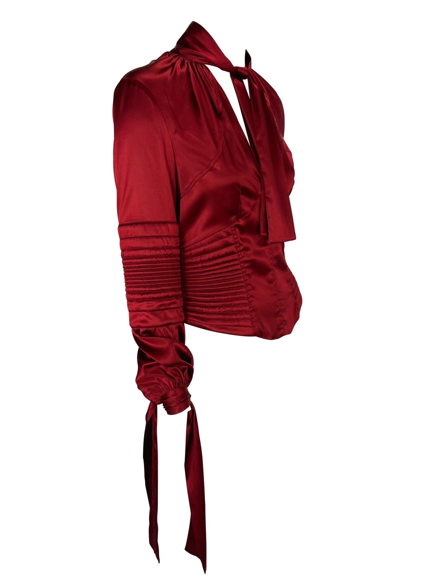 NWT F/W 2003 Gucci by Tom Ford Deep Red Stretch Satin Quilted Corset Tie Blouse - RealList