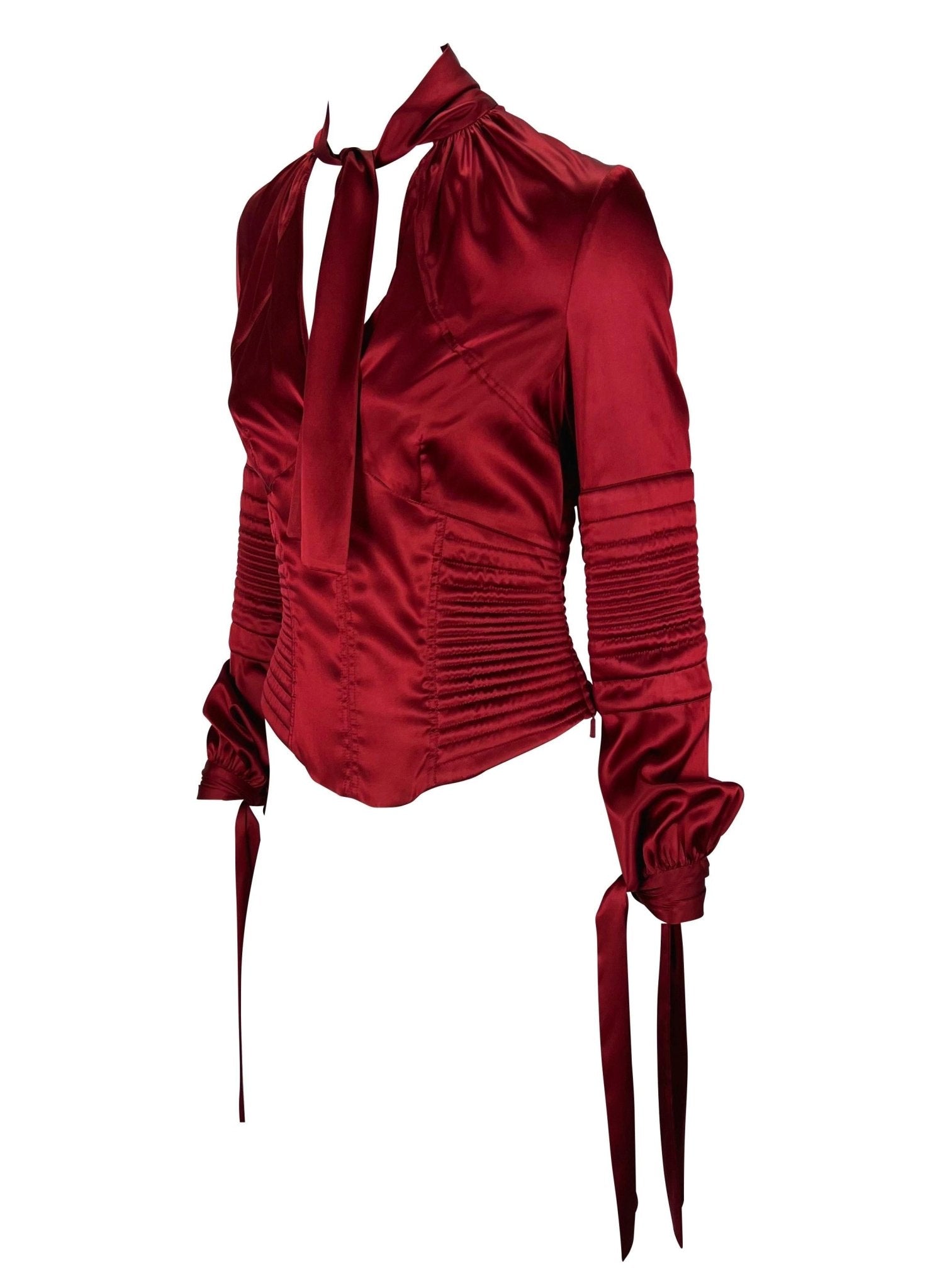 NWT F/W 2003 Gucci by Tom Ford Deep Red Stretch Satin Quilted Corset Tie Blouse - RealList