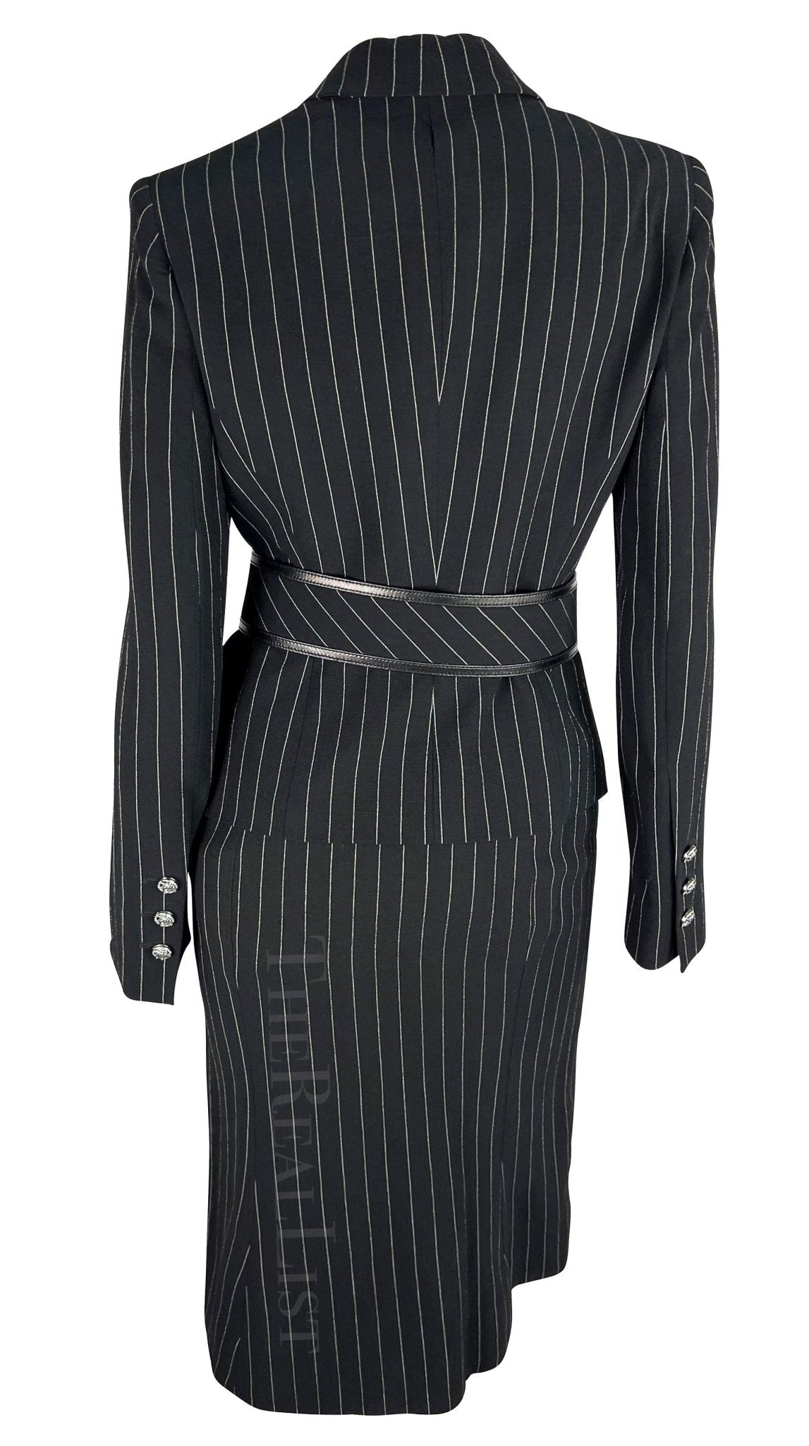 NWT F/W 2004 Versace by Donatella Black Wool Blend Pinstripe Medusa Belted Suit - RealList