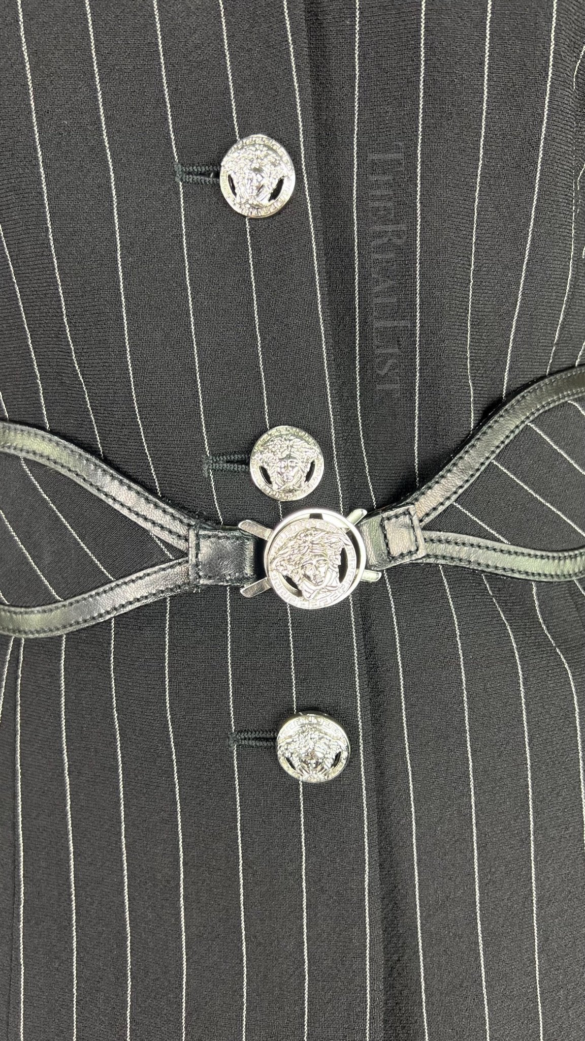 NWT F/W 2004 Versace by Donatella Black Wool Blend Pinstripe Medusa Belted Suit - RealList