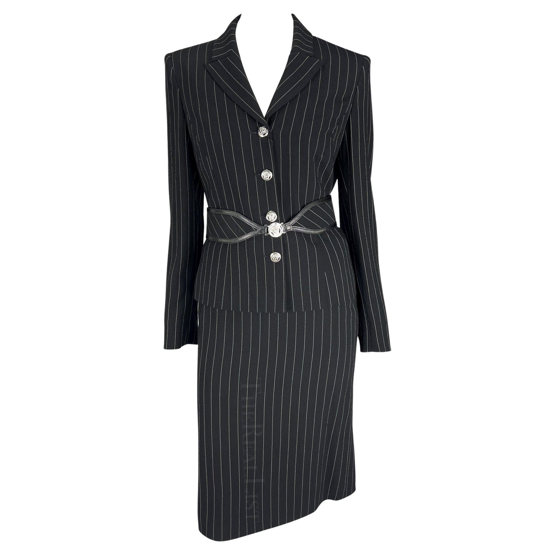 NWT F/W 2004 Versace by Donatella Black Wool Blend Pinstripe Medusa Belted Suit - RealList