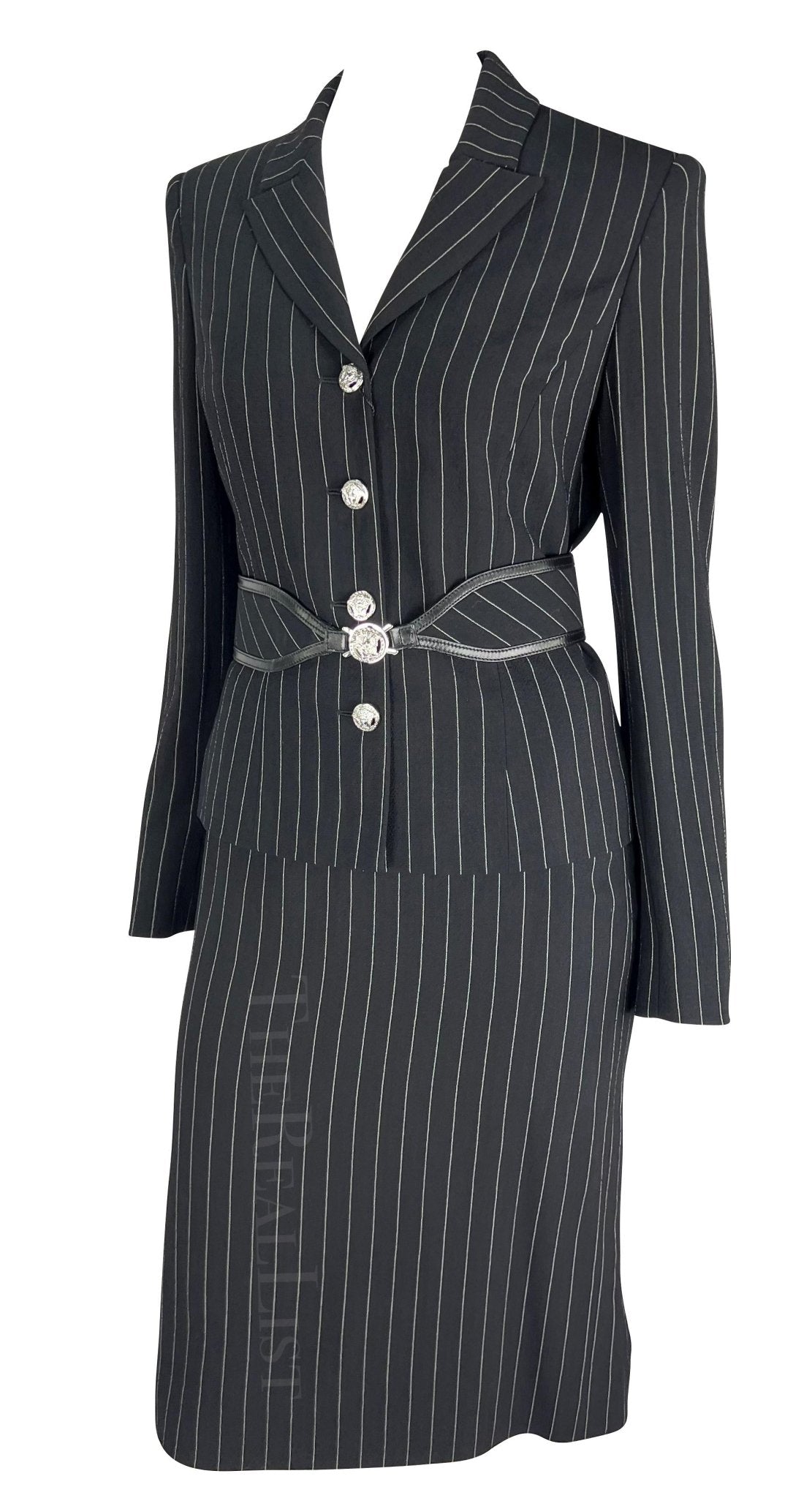 NWT F/W 2004 Versace by Donatella Black Wool Blend Pinstripe Medusa Belted Suit - RealList