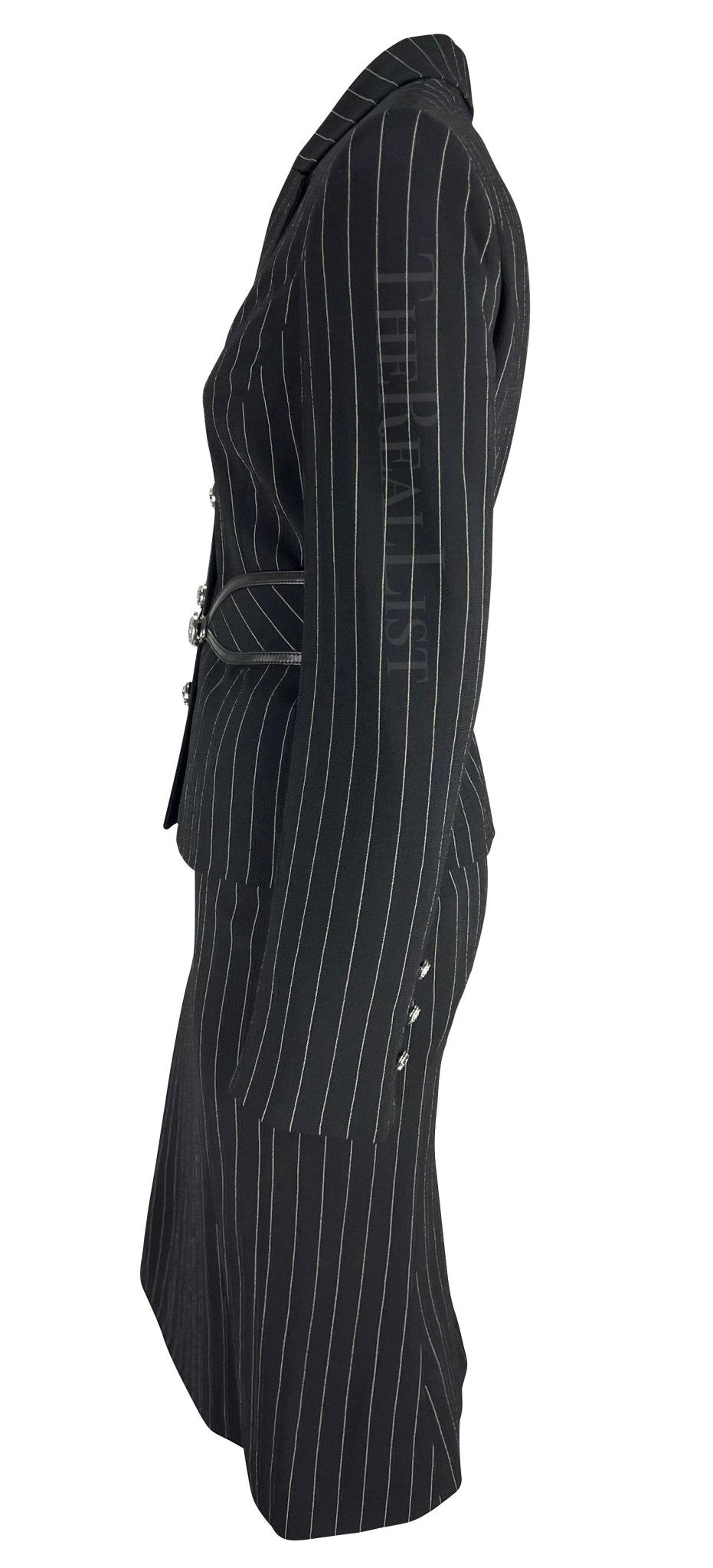 NWT F/W 2004 Versace by Donatella Black Wool Blend Pinstripe Medusa Belted Suit - RealList