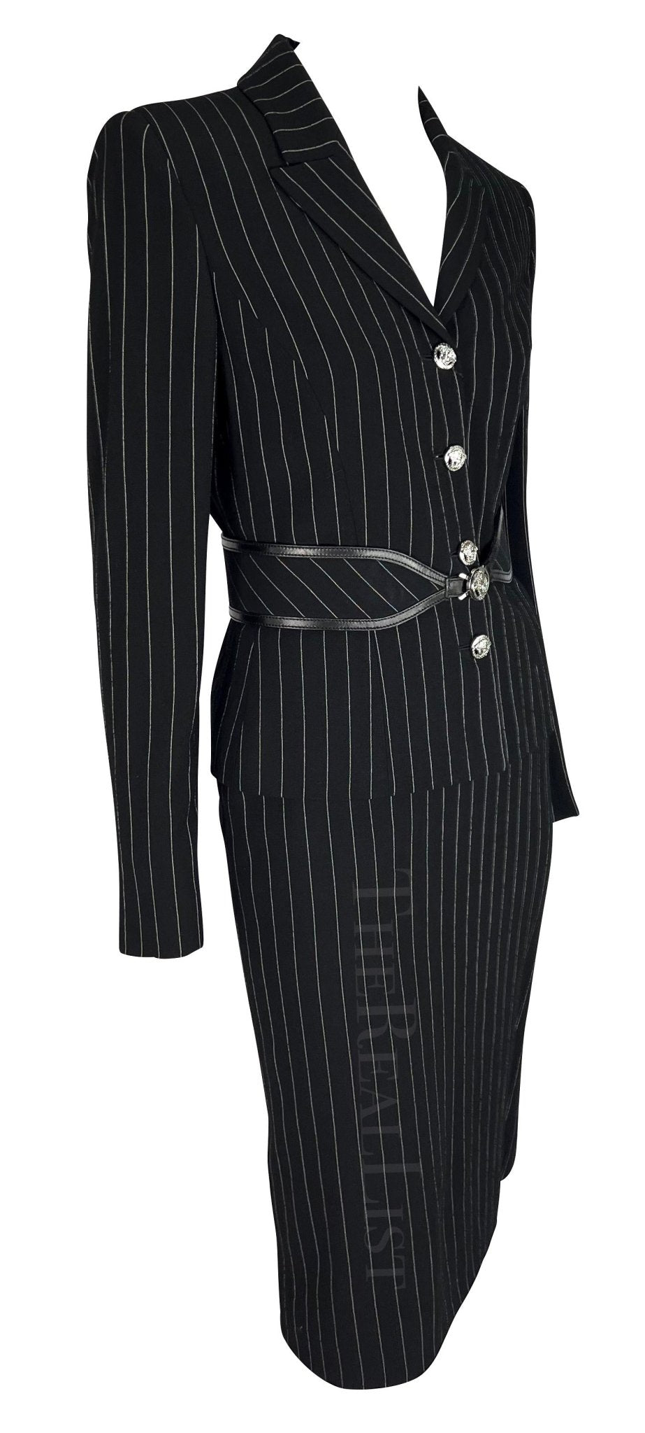 NWT F/W 2004 Versace by Donatella Black Wool Blend Pinstripe Medusa Belted Suit - RealList