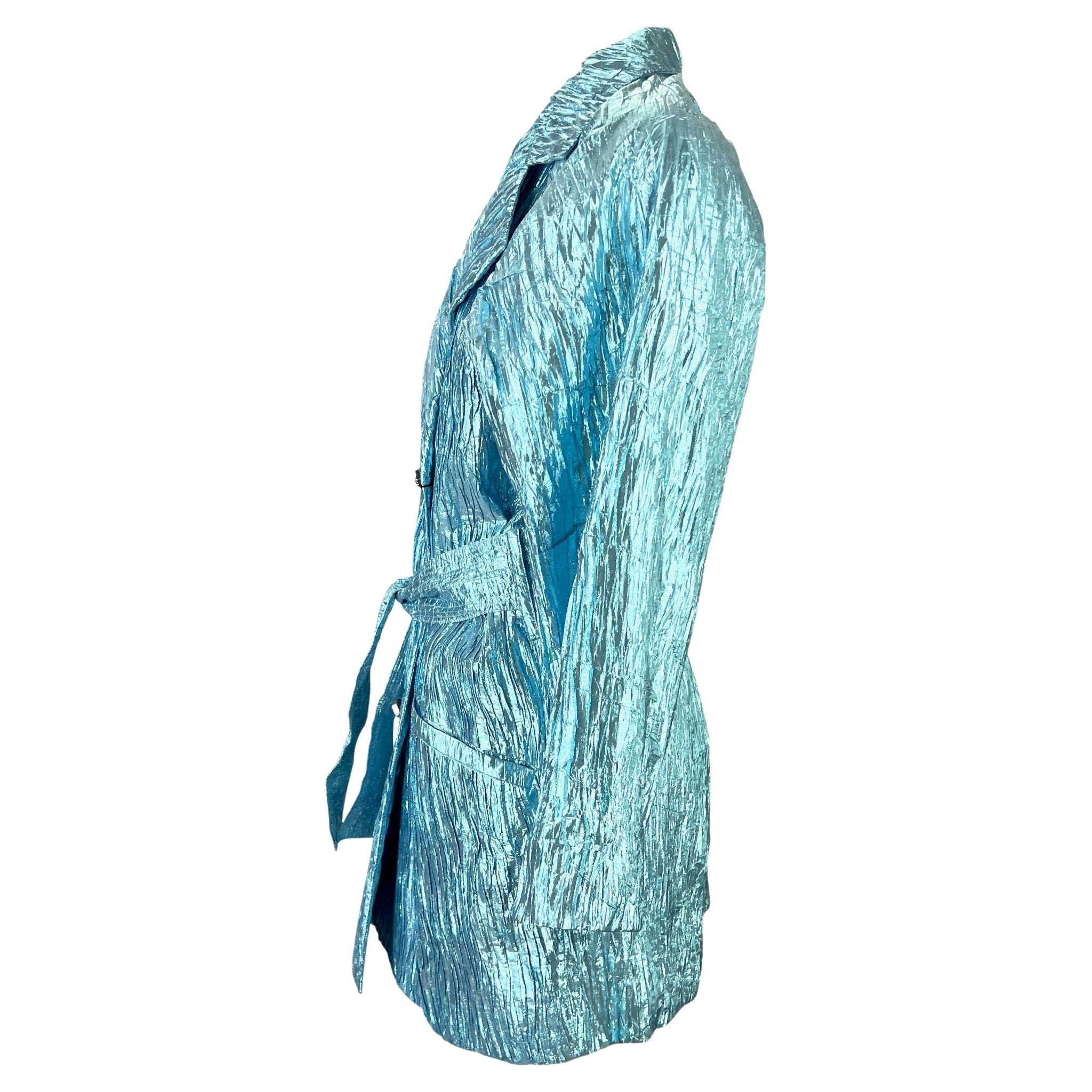 NWT S/S 1994 Gianni Versace Baby Blue Metallic Crinkled Lamé Medusa Coat - RealList