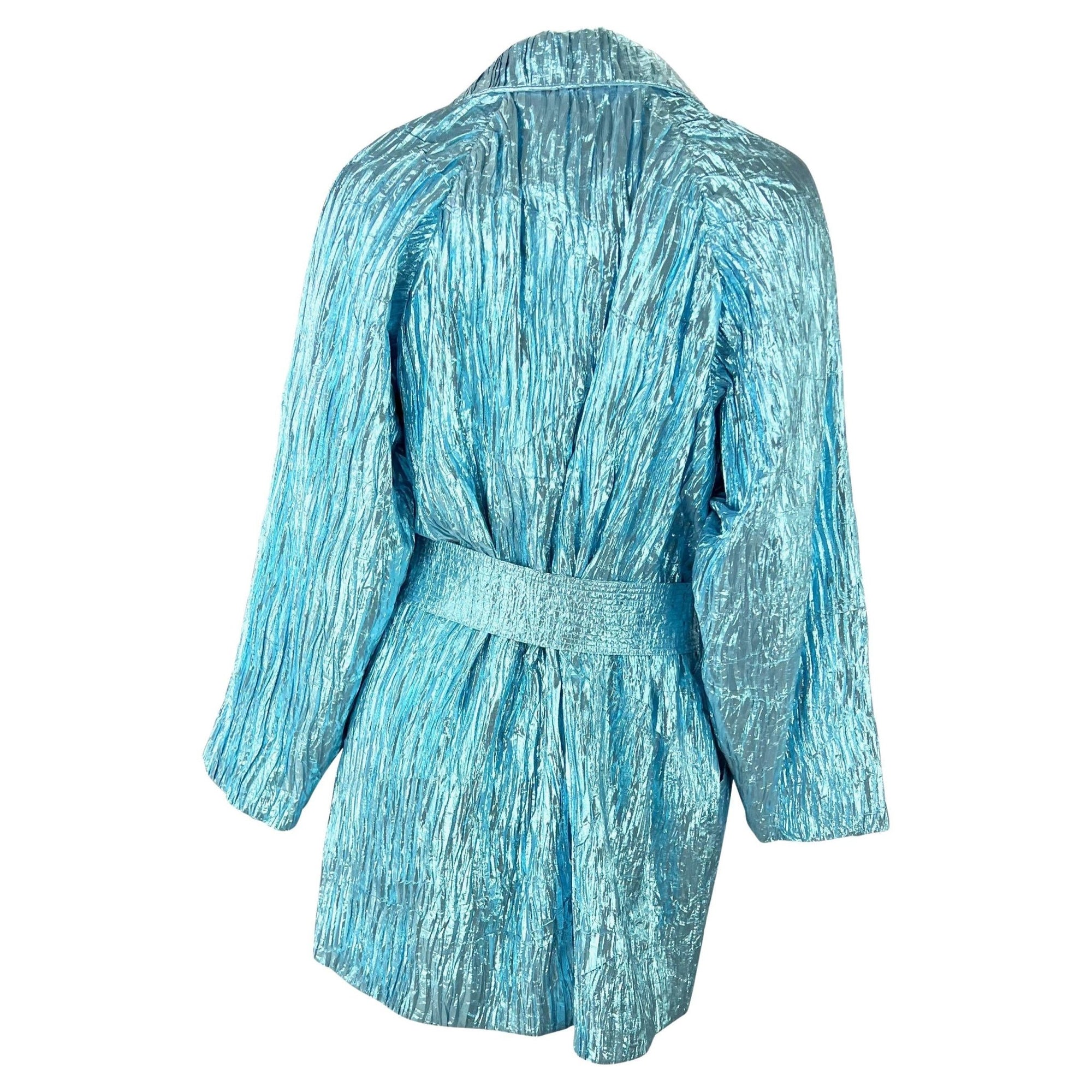 NWT S/S 1994 Gianni Versace Baby Blue Metallic Crinkled Lamé Medusa Coat - RealList