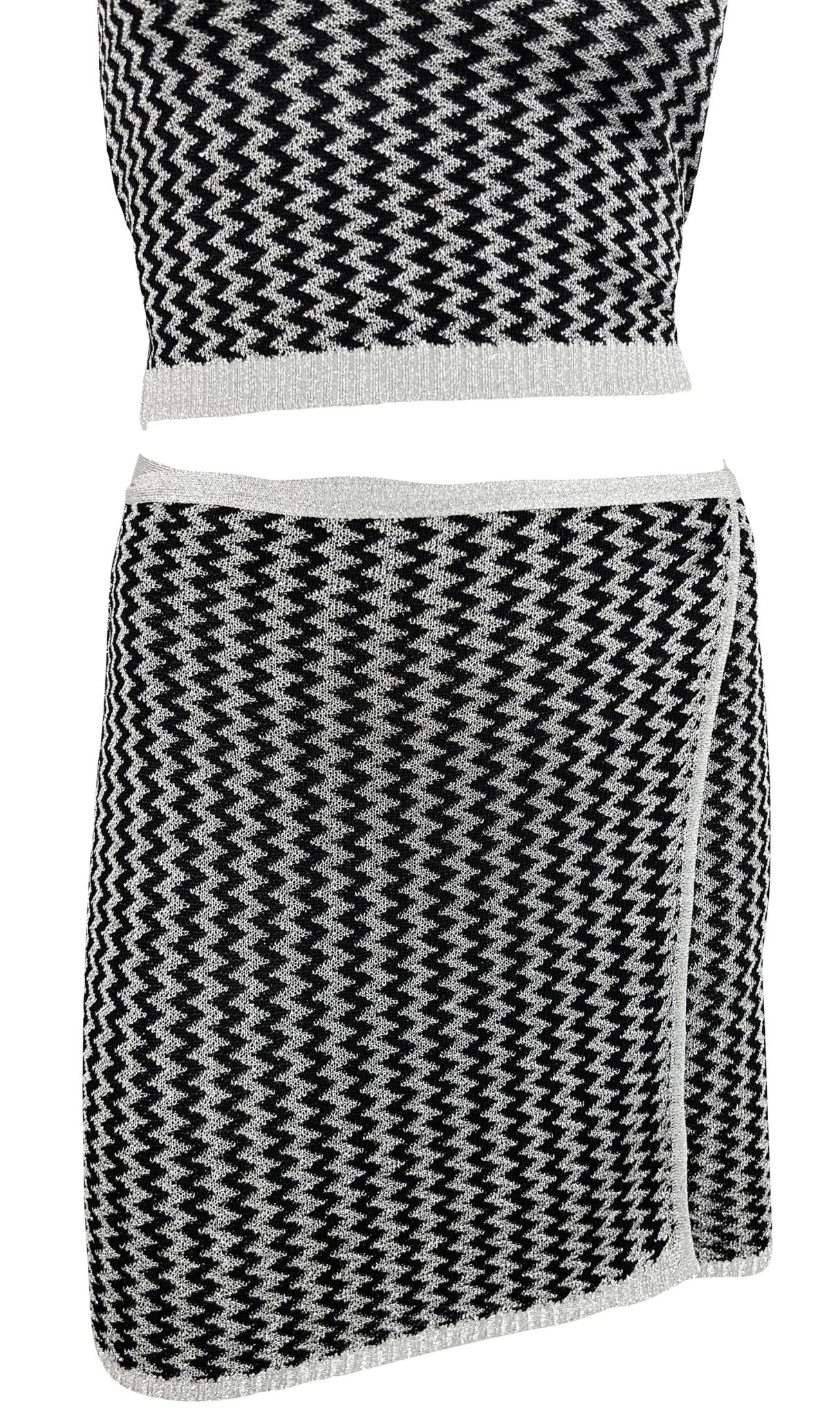NWT S/S 1995 Dolce & Gabbana Silver Metallic Knit Halter Crop Top Wrap Skirt Set - RealList