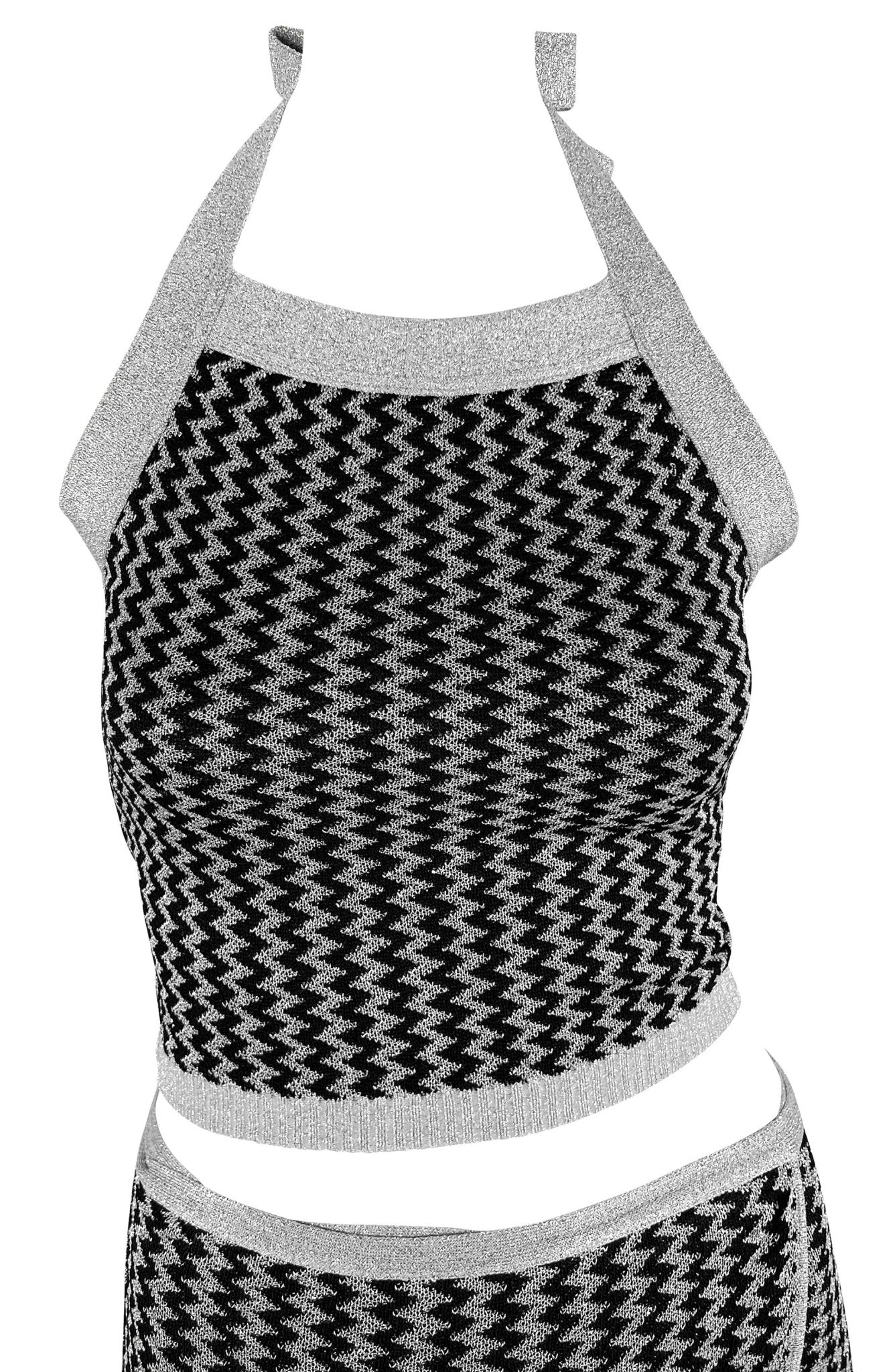 NWT S/S 1995 Dolce & Gabbana Silver Metallic Knit Halter Crop Top Wrap Skirt Set - RealList