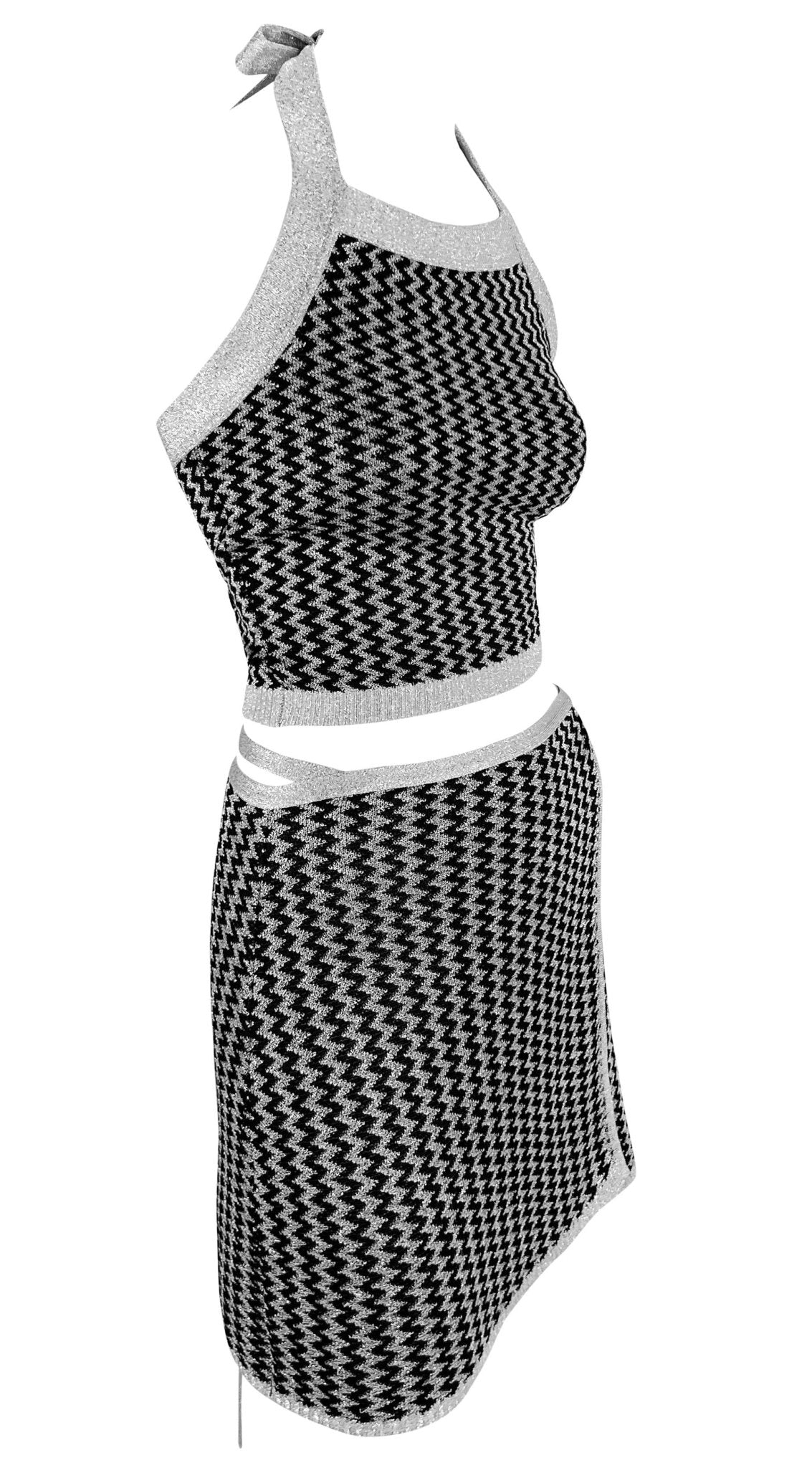 NWT S/S 1995 Dolce & Gabbana Silver Metallic Knit Halter Crop Top Wrap Skirt Set - RealList