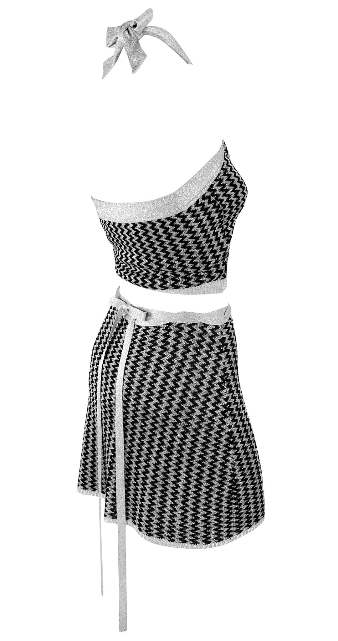 NWT S/S 1995 Dolce & Gabbana Silver Metallic Knit Halter Crop Top Wrap Skirt Set - RealList