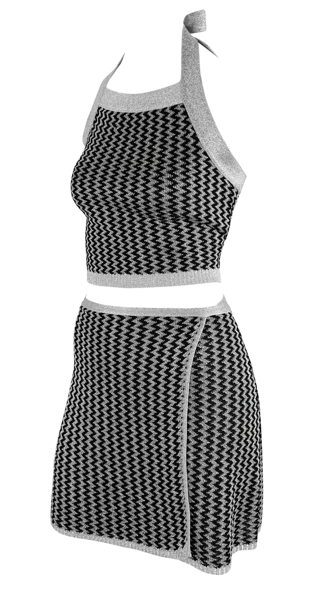 NWT S/S 1995 Dolce & Gabbana Silver Metallic Knit Halter Crop Top Wrap Skirt Set - RealList