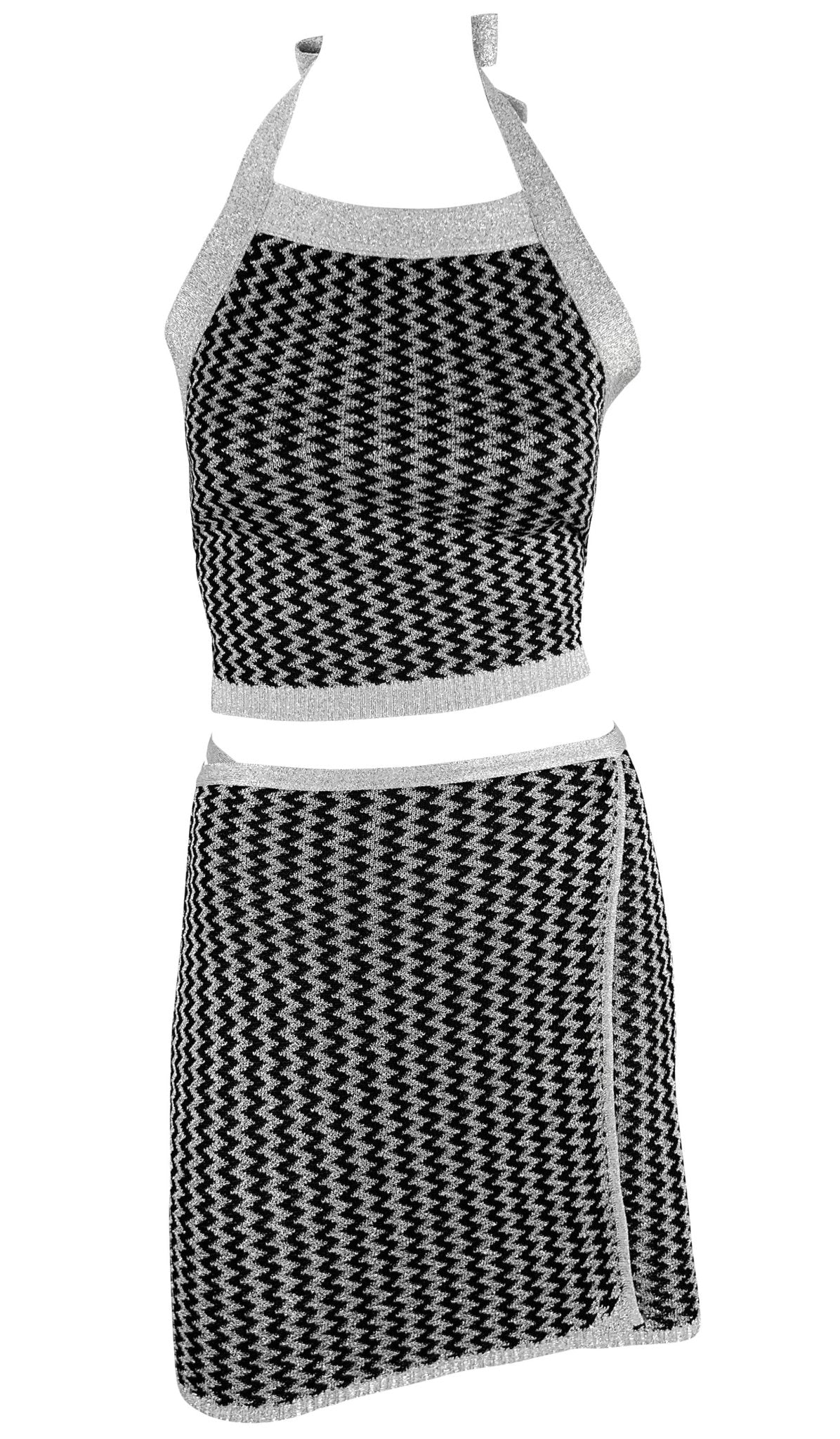 NWT S/S 1995 Dolce & Gabbana Silver Metallic Knit Halter Crop Top Wrap Skirt Set - RealList