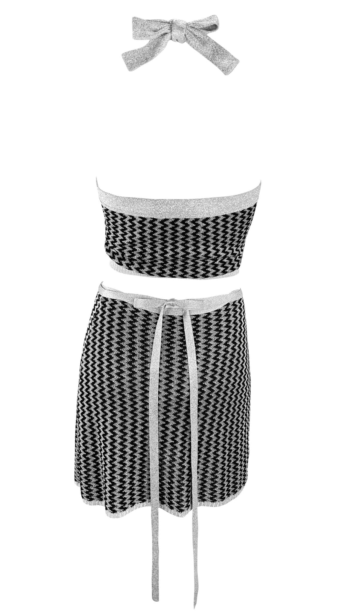 NWT S/S 1995 Dolce & Gabbana Silver Metallic Knit Halter Crop Top Wrap Skirt Set - RealList